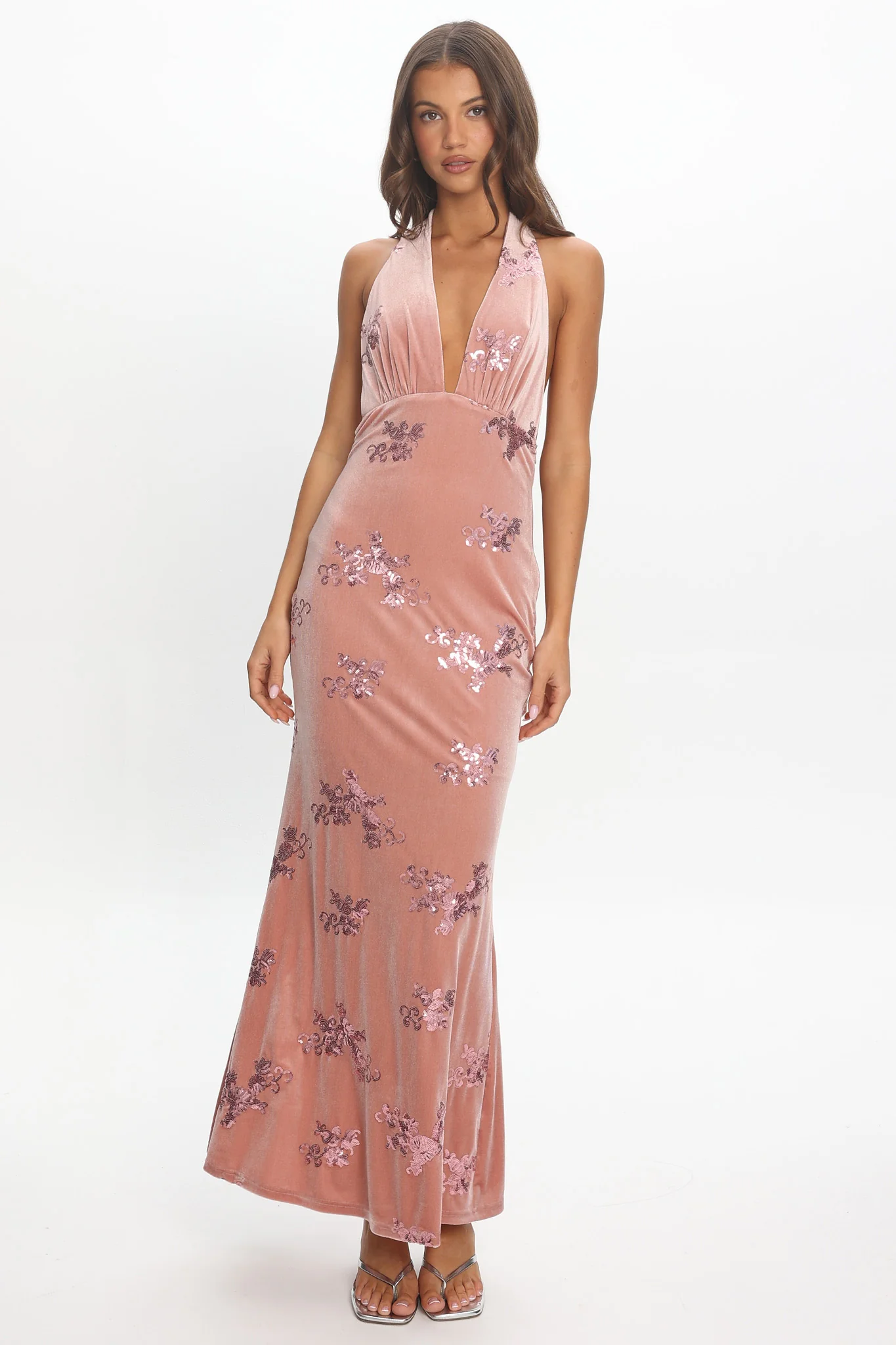 Annorah Halterneck Velvet Maxi Dress Sequin Blush