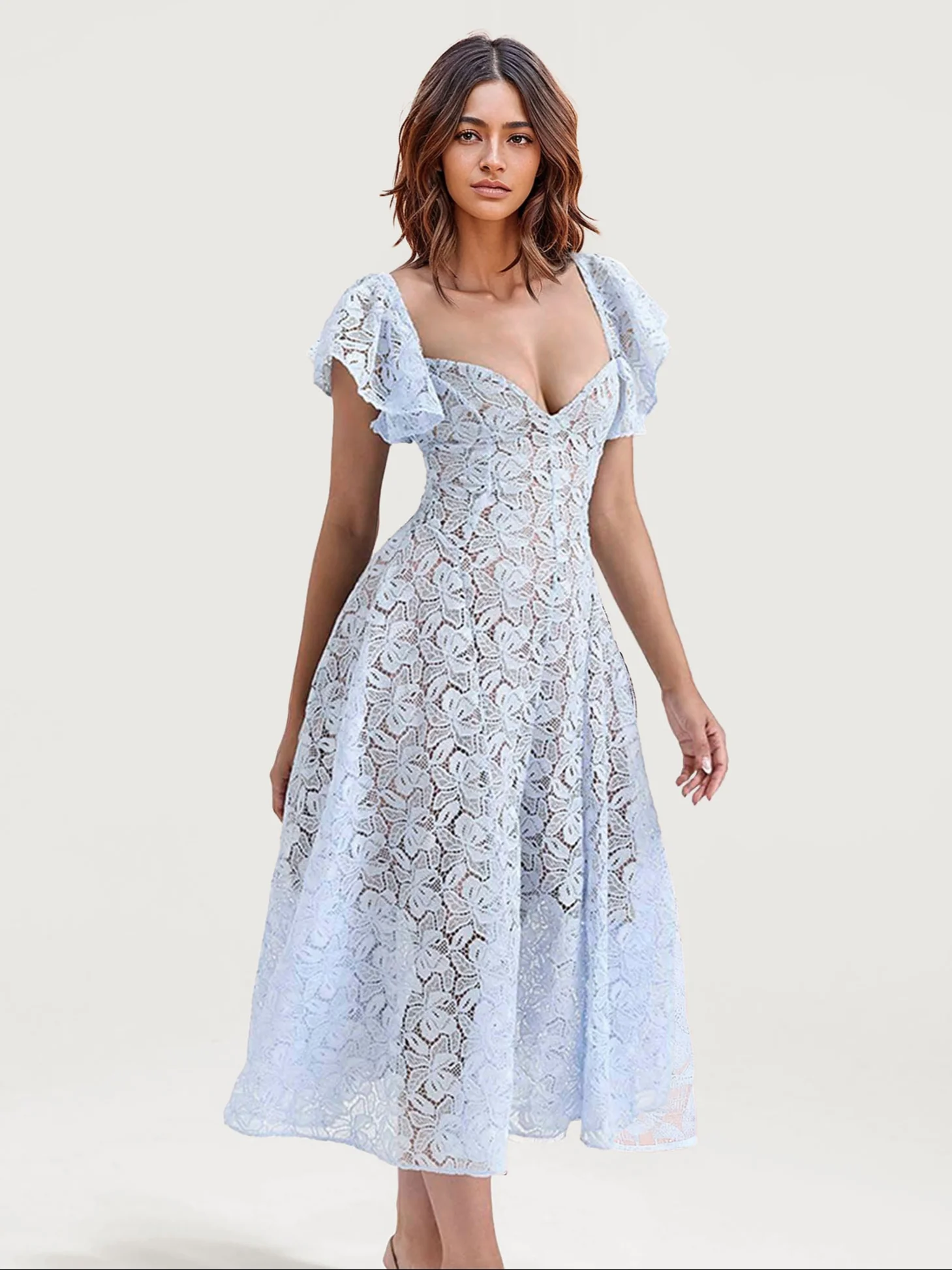 Lace Midi Dress with Flutter Sleeves