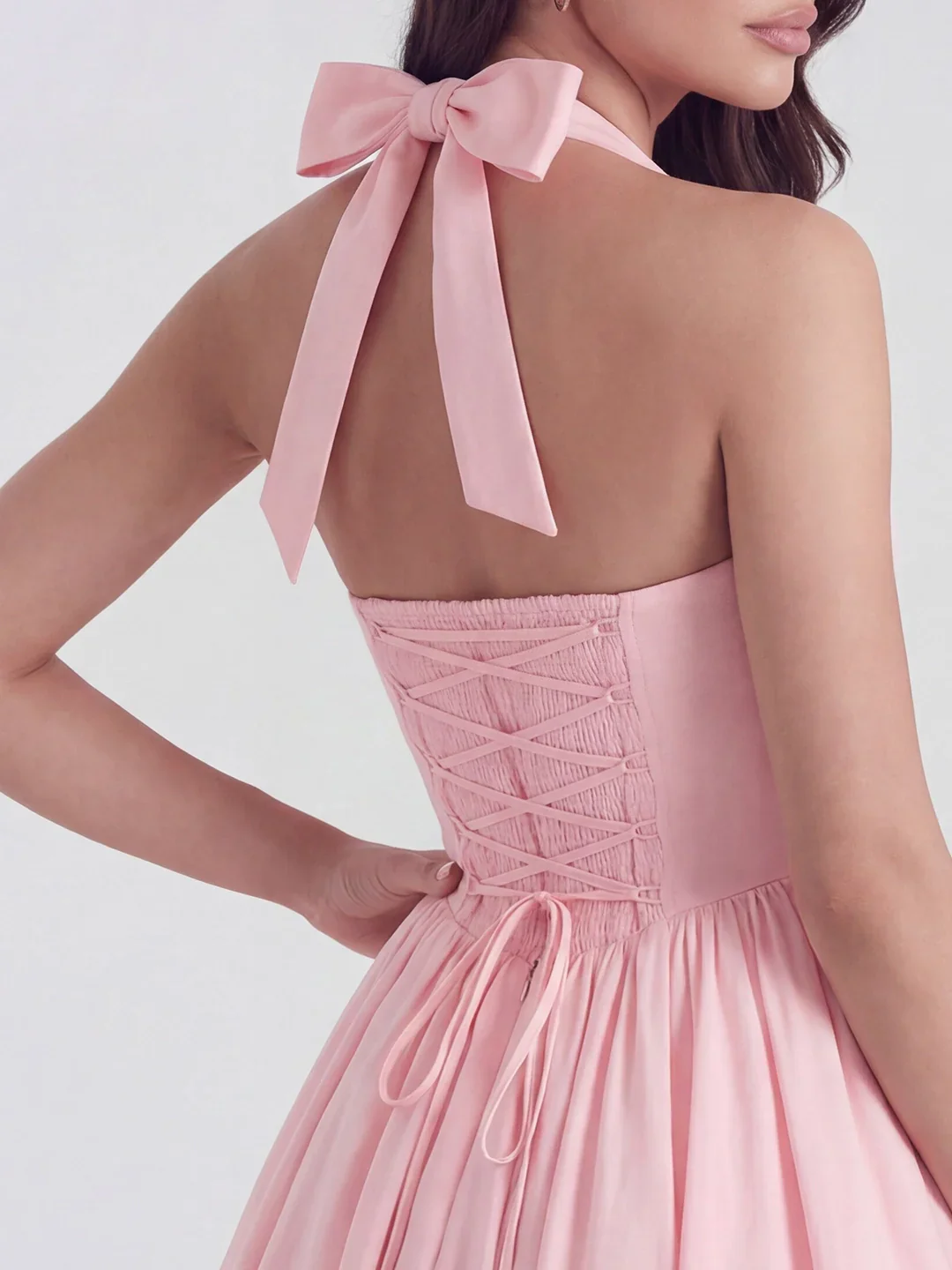 Lace-Up Halter Midi with Exposed Tulle Hem
