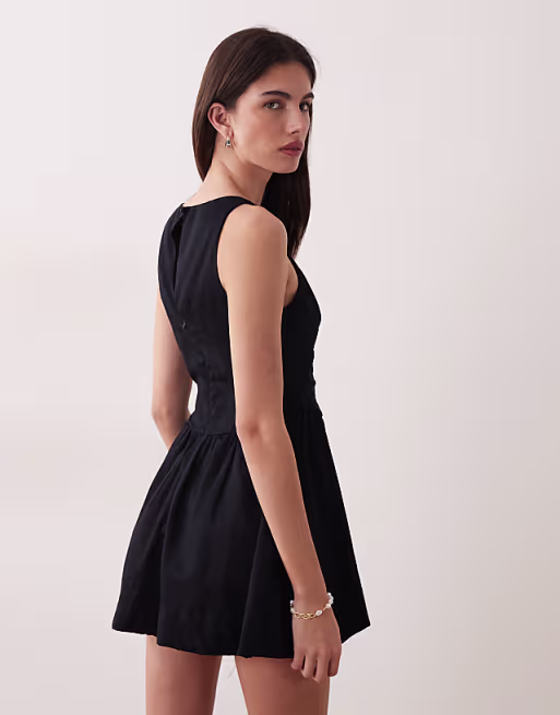 waisted v-neck mini sundress with seaming details in black