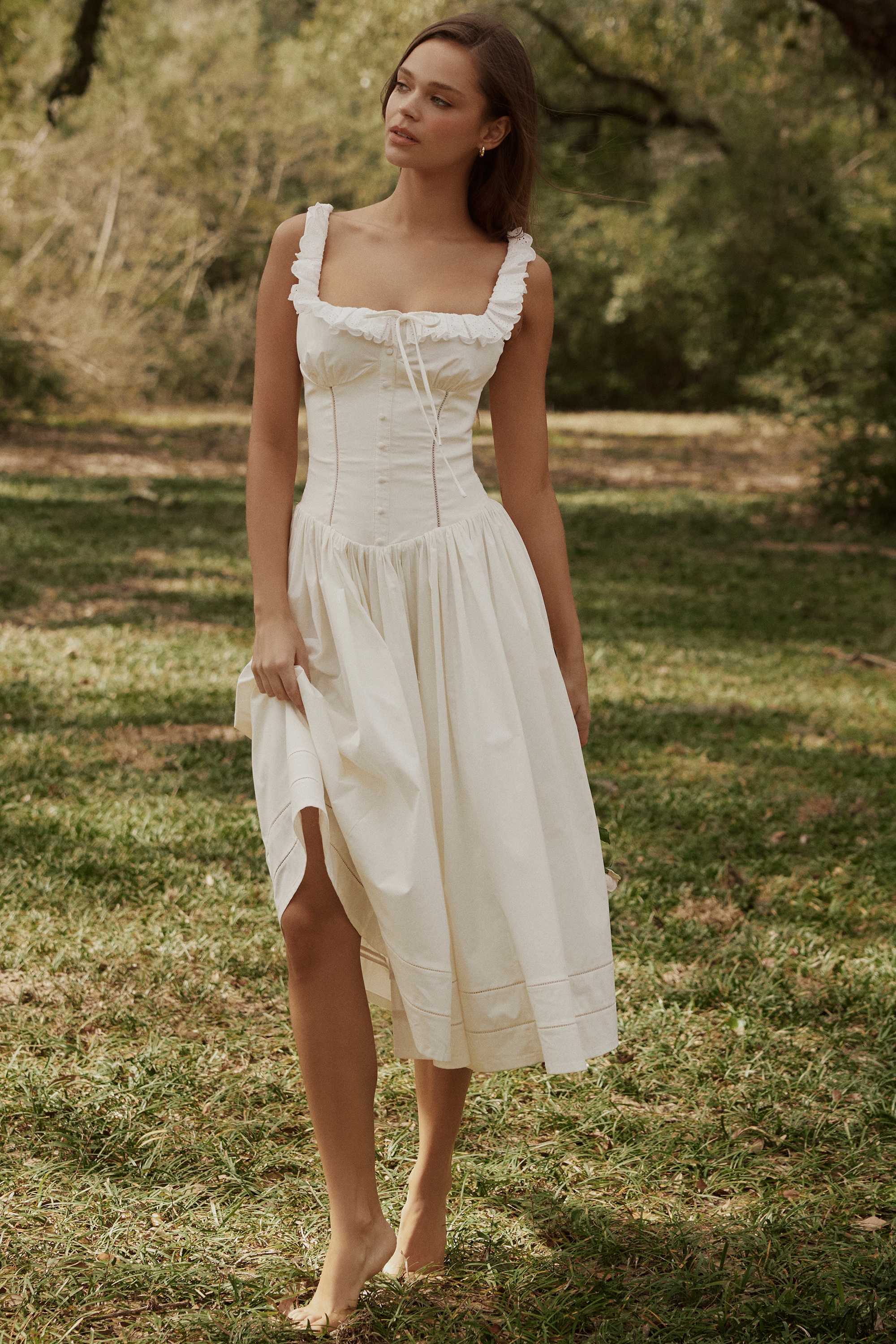 white cotton broderie anglaise trim midi dress