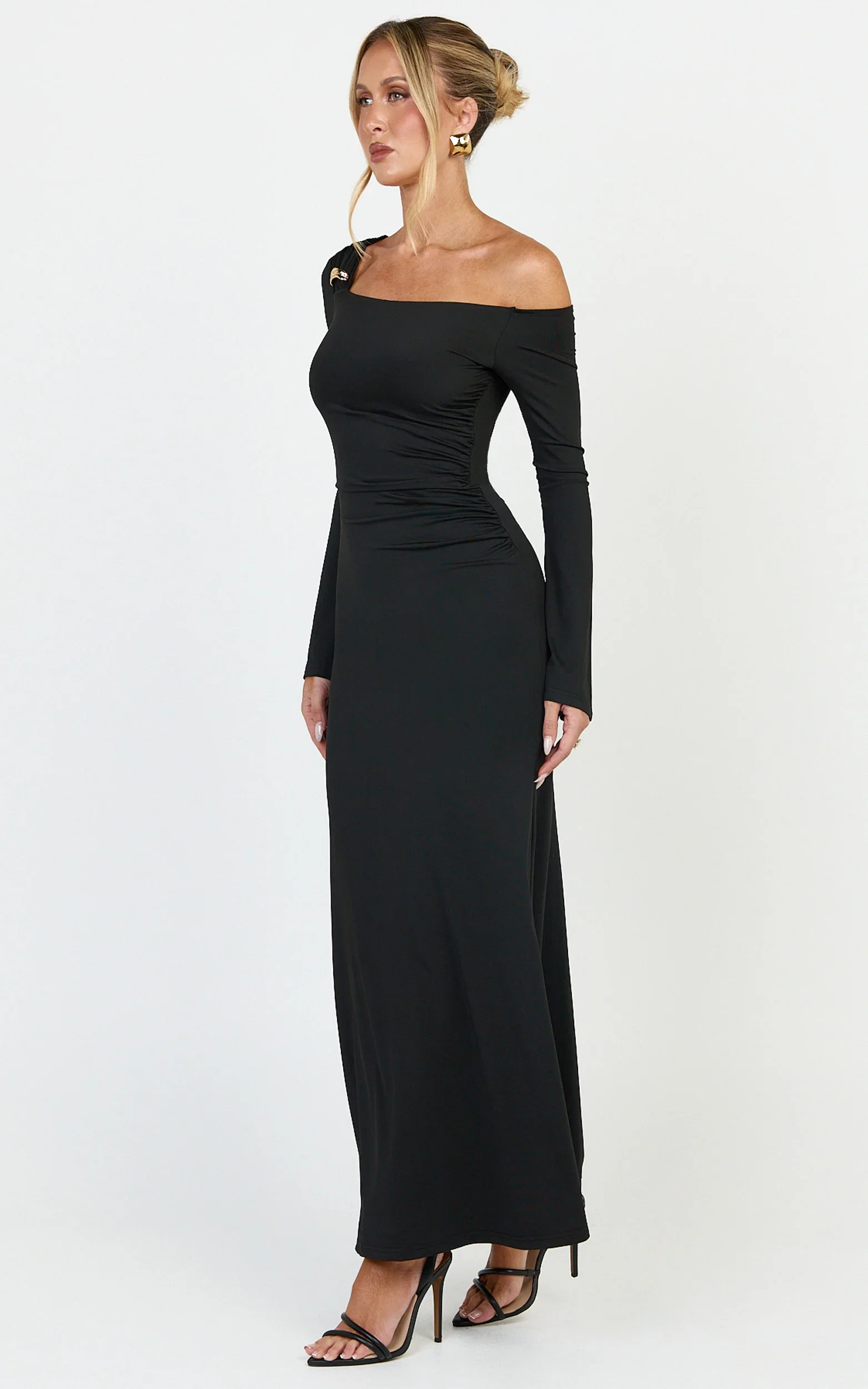 Daisy Maxi Dress - Long Sleeve Gold Hardware Detail Maxi Dress in Black
