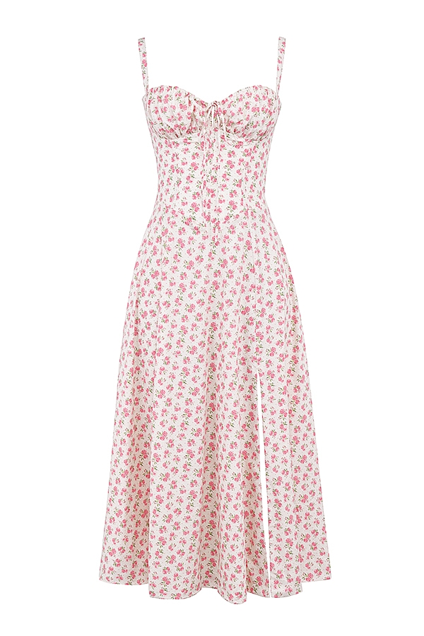 White Rosebud Print Cotton Bustier Sundress