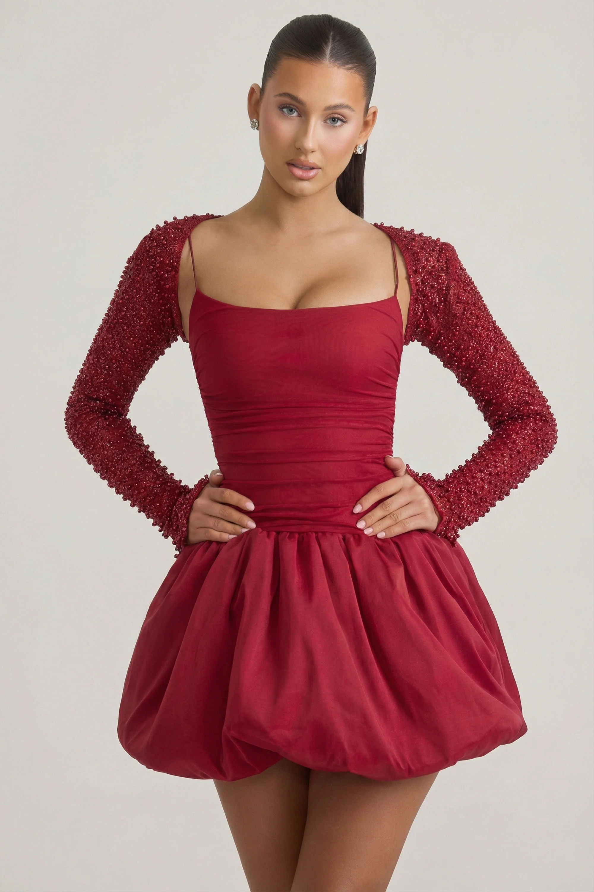 Embellished Bubble Hem Mini Dress in Red