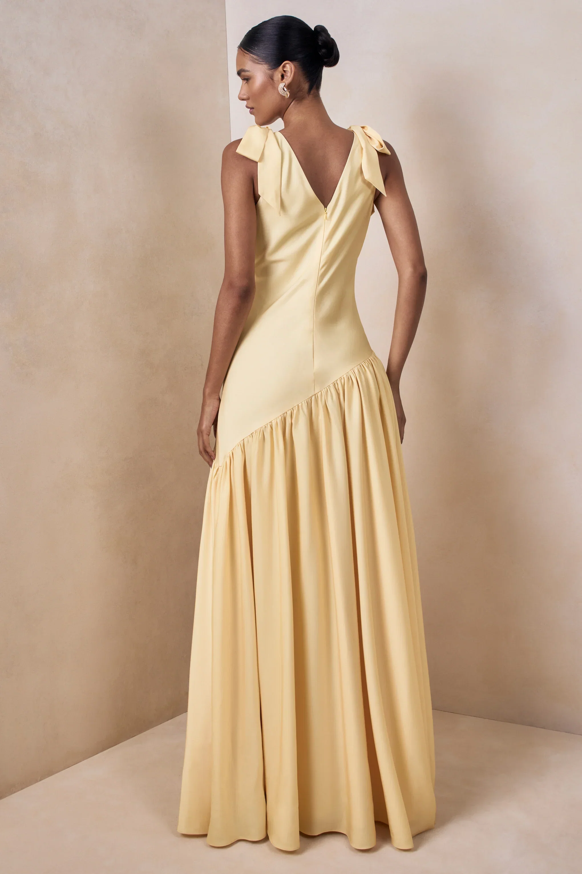 Cala | Lemon Satin Plunge-Neck Maxi Dress With Bow-Sleeves