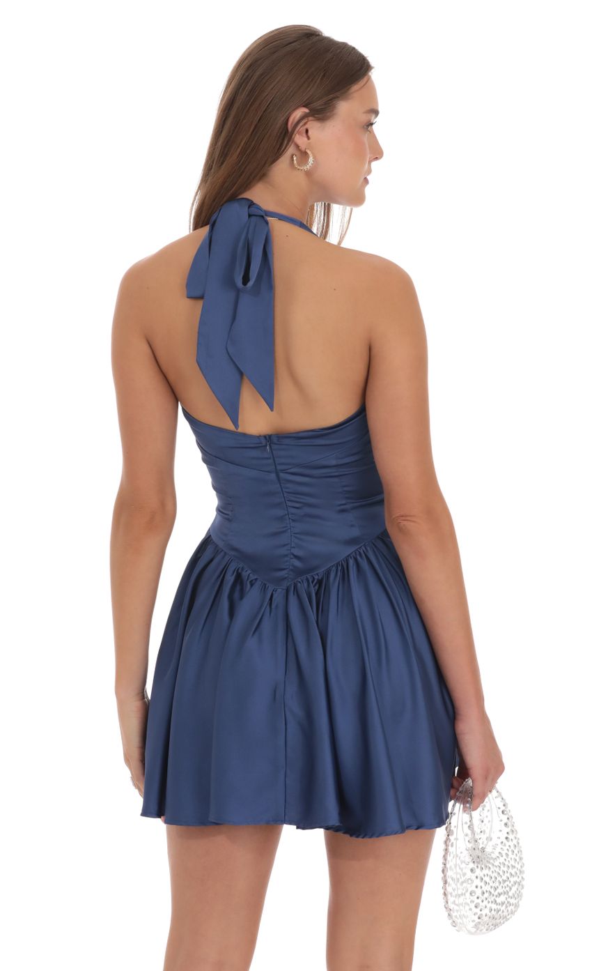 Satin Halter A-line Dress in Slate Blue