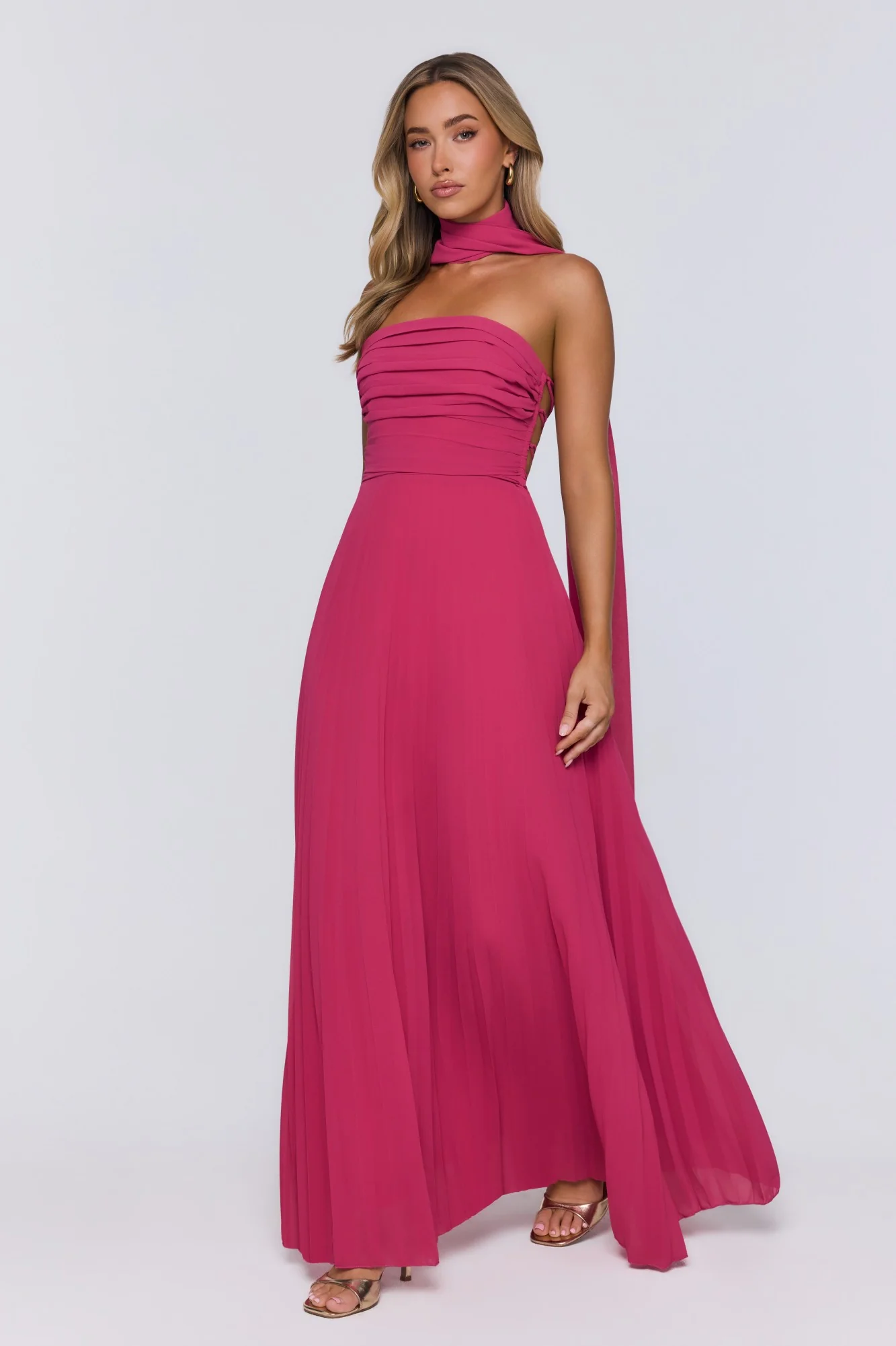 Sugar Babe Strapless Pleated Maxi Dress Magenta