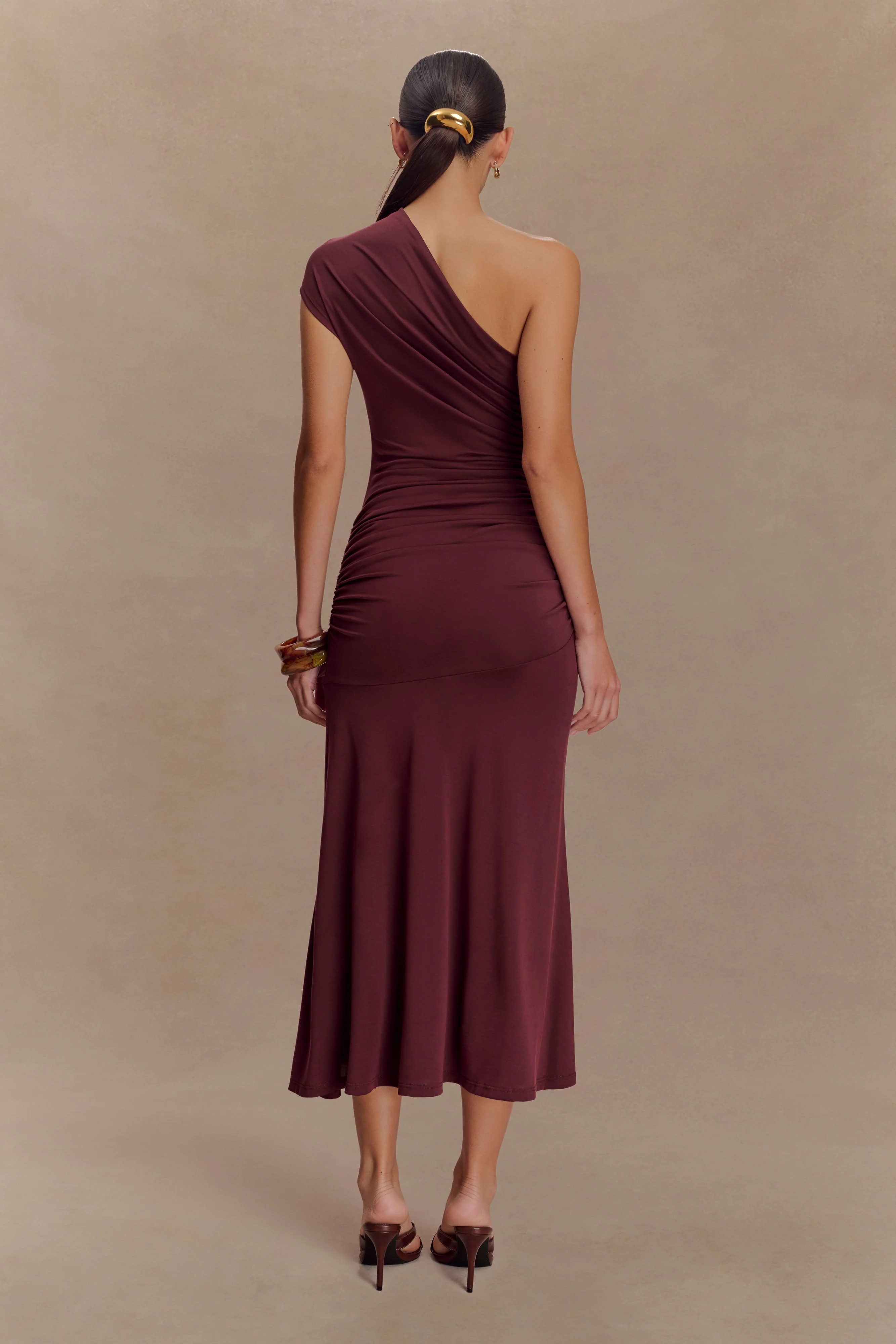 Chloe Peached Jersey One Shoulder Midi Dress - Mahogany