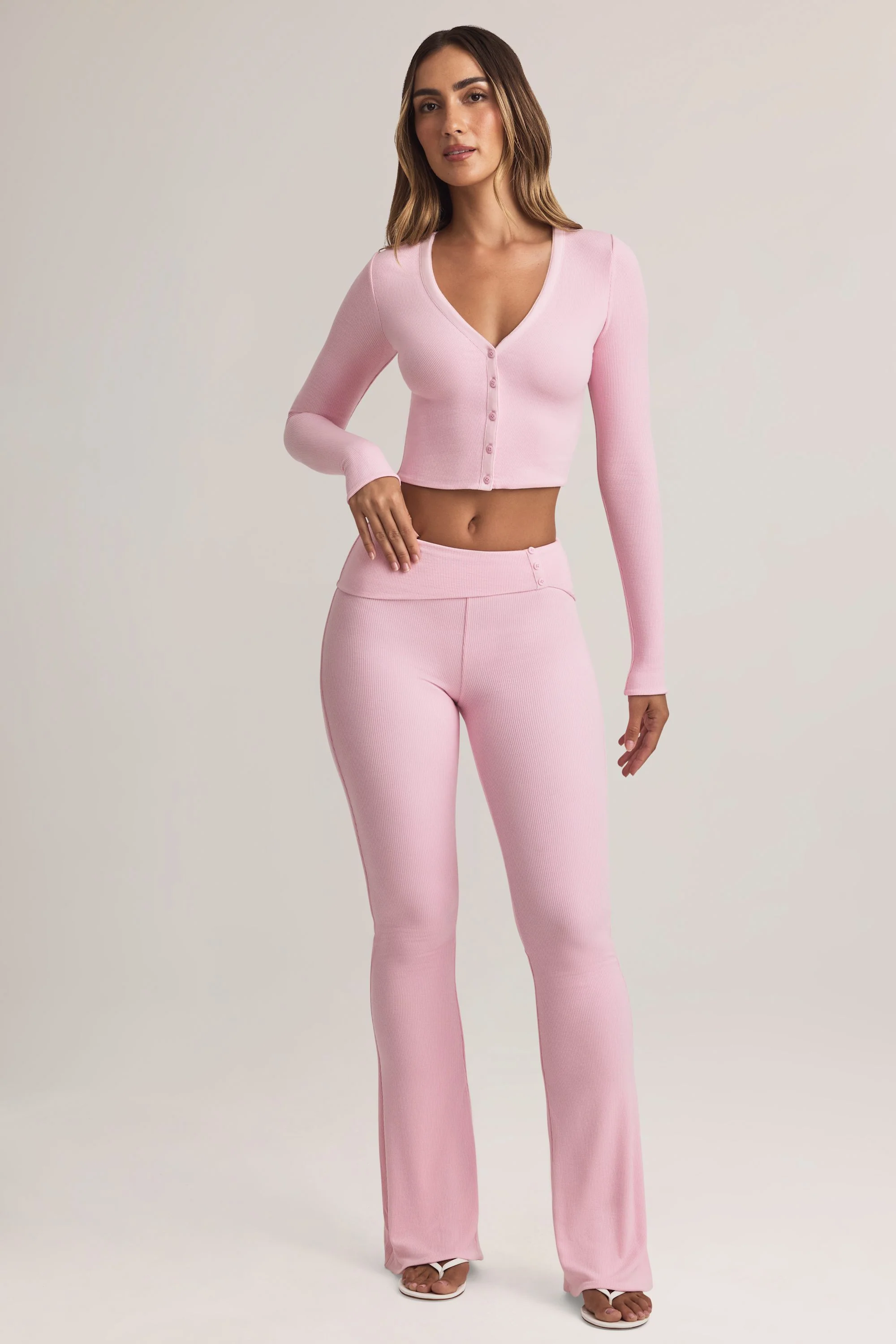Modal Ribbed Cropped Cardigan in Pastel Pink