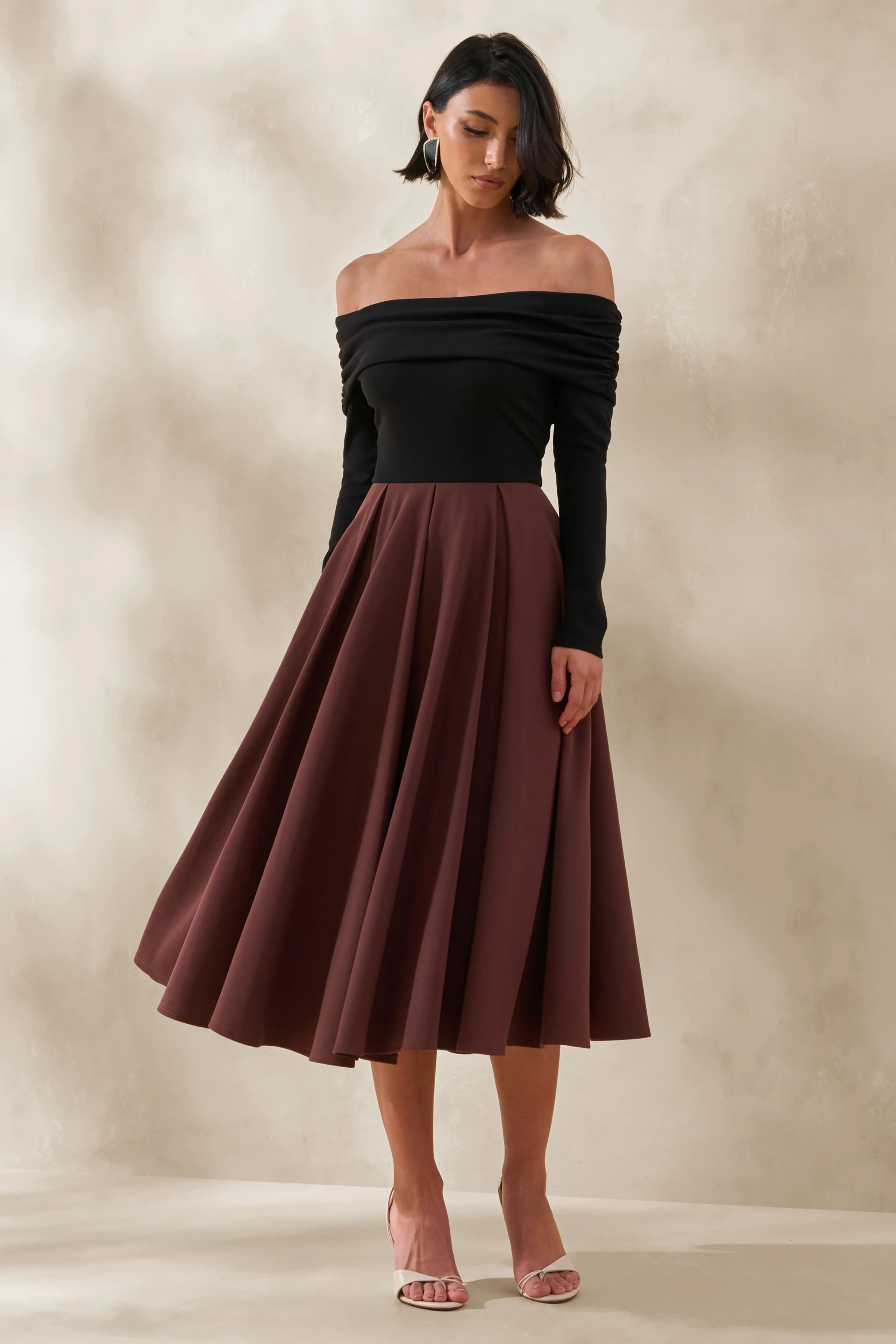 Frederica | Black And Brown Bardot-Neck Midi Dress