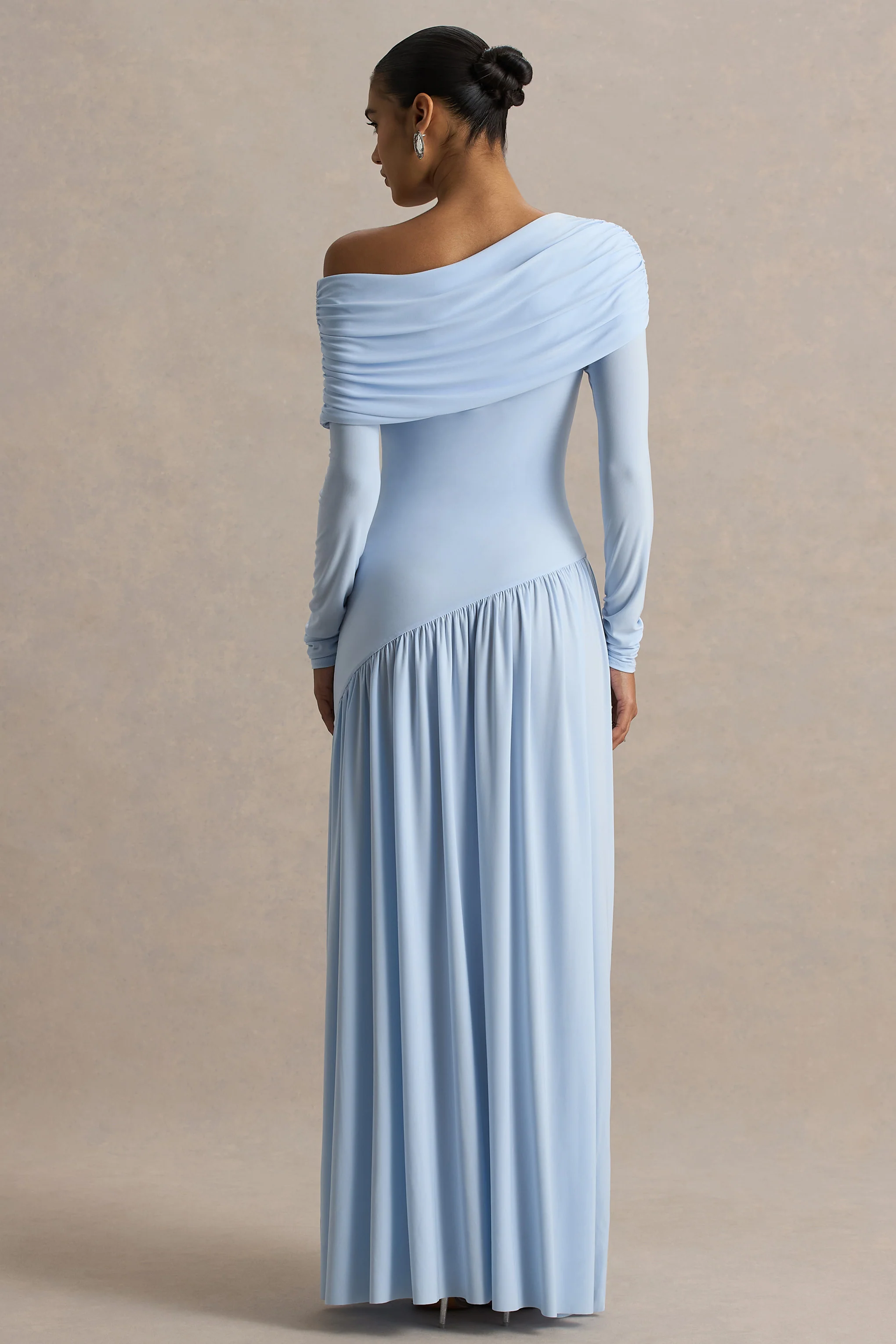 Farah | Powder Blue Asymmetric-Neck Maxi Dress With Drop Waist And Ruched Detailing