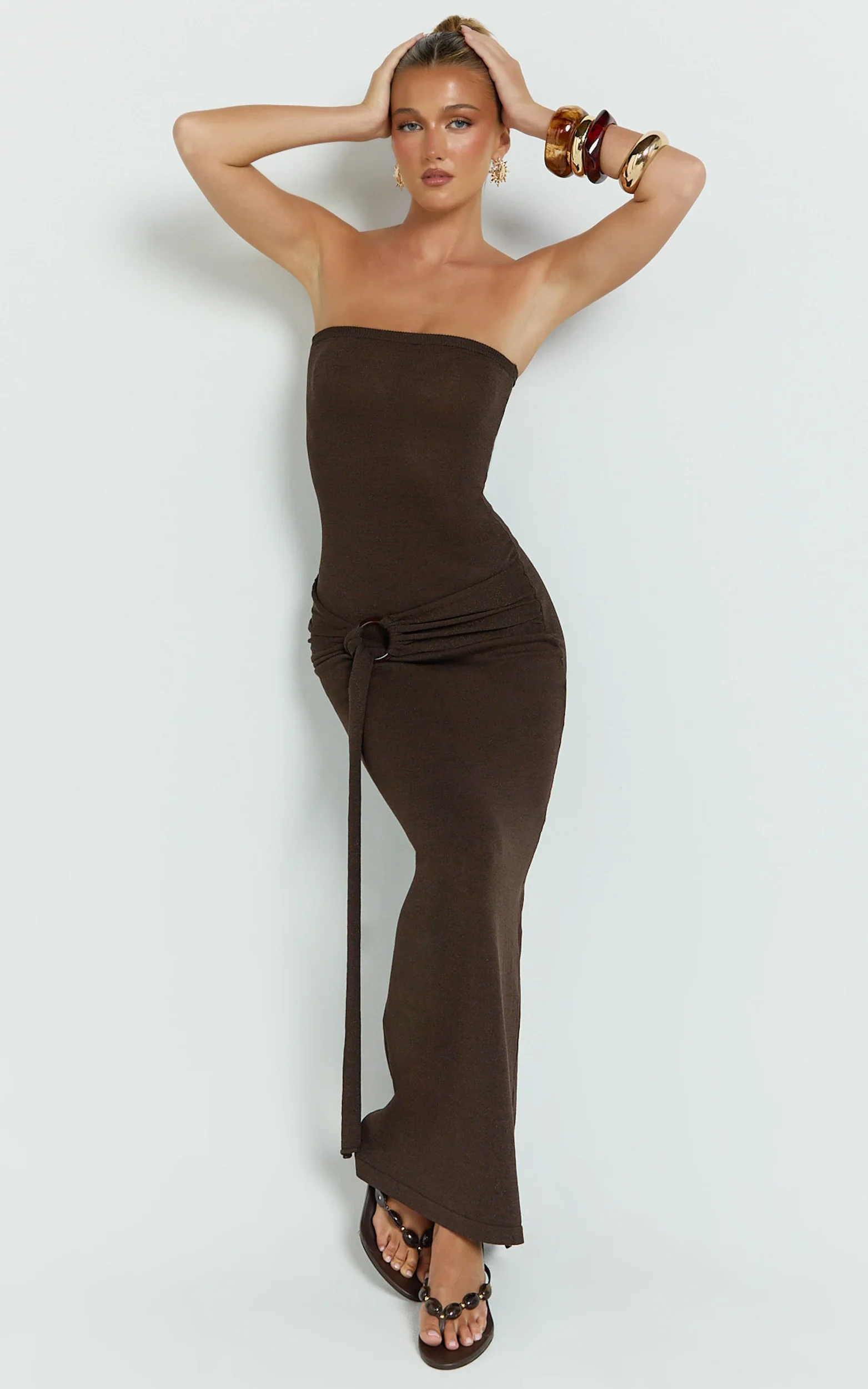 Viviana Maxi Dress - Knit Strapless Tie Waist Maxi Dress in Chocolate