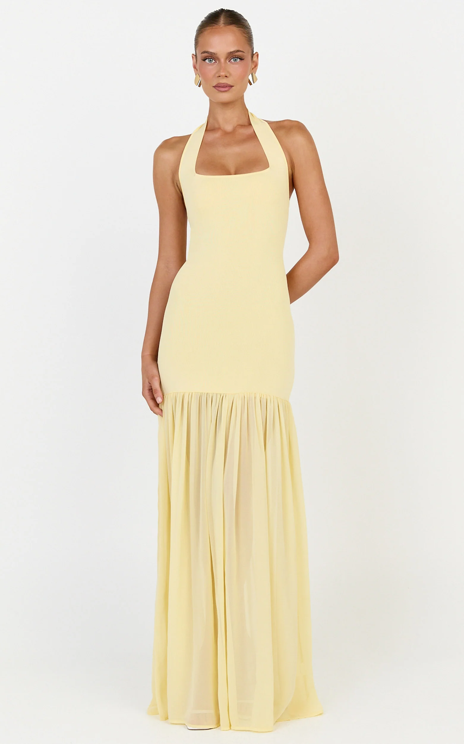 Barbara Maxi Dress - Halter Scoop Neck Contrast Georgette Dress in Lemon
