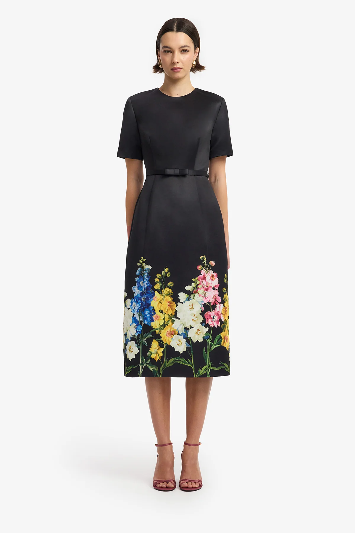 Elizabeth Short Sleeve Midi Dress - Snapdragon Print in Ebony