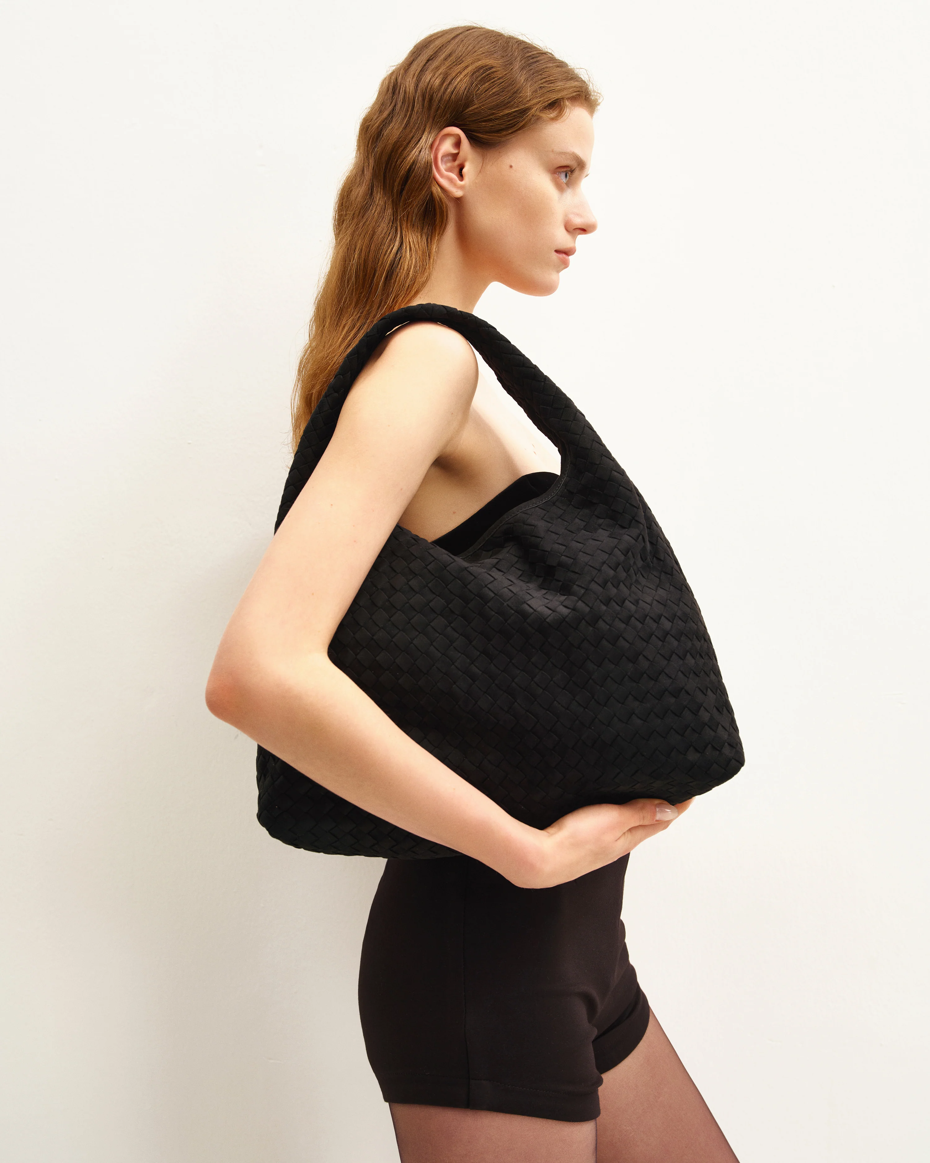 Laura Faux Suede Woven Shoulder Bag - Black
