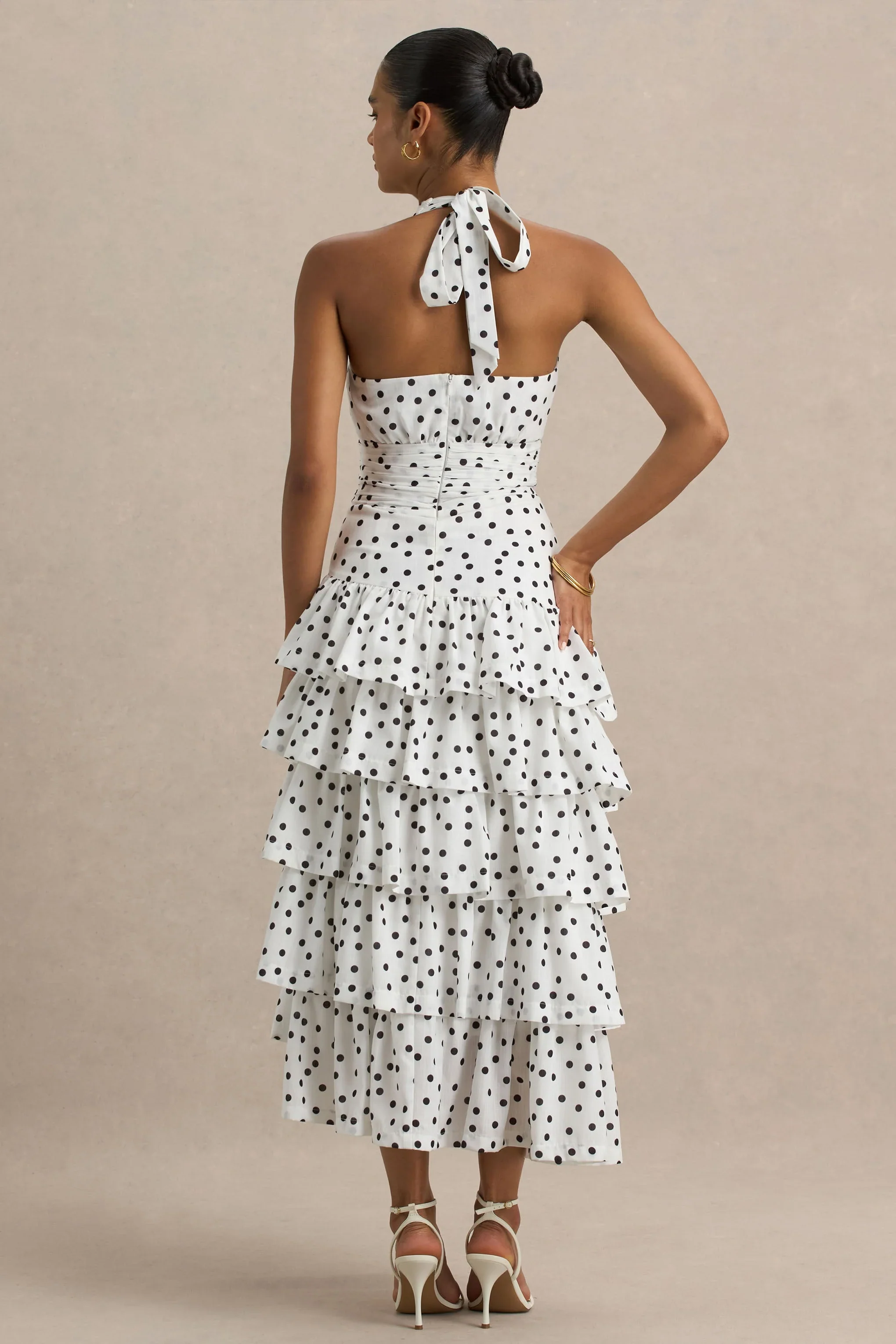 Violet | White Polka Dot Midi Dress With Halter-Neck and Ruffled Skirt