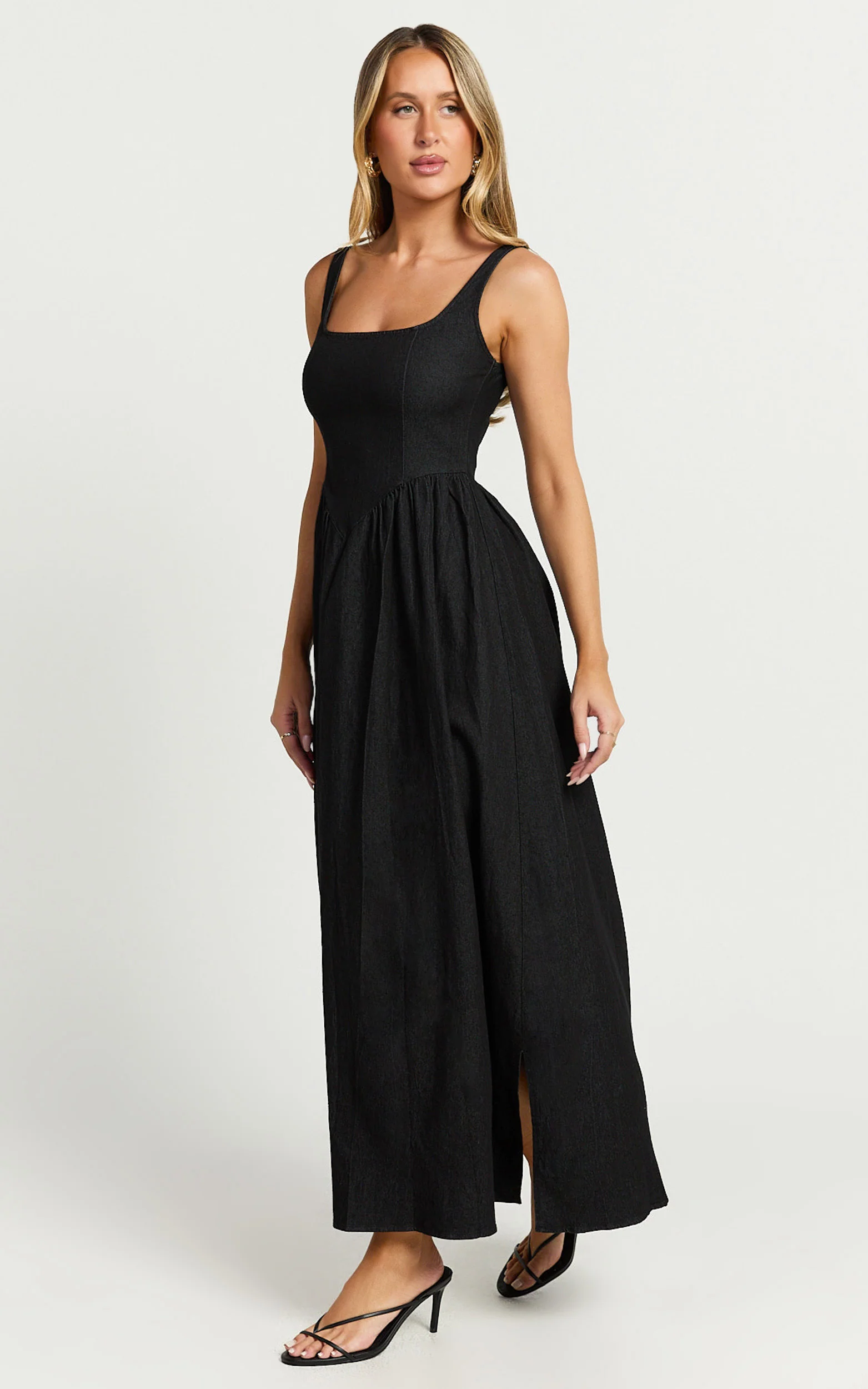 Rhaziya Midi Dress - Sleeveless Straight Neck Fit and Flare Dress in Black