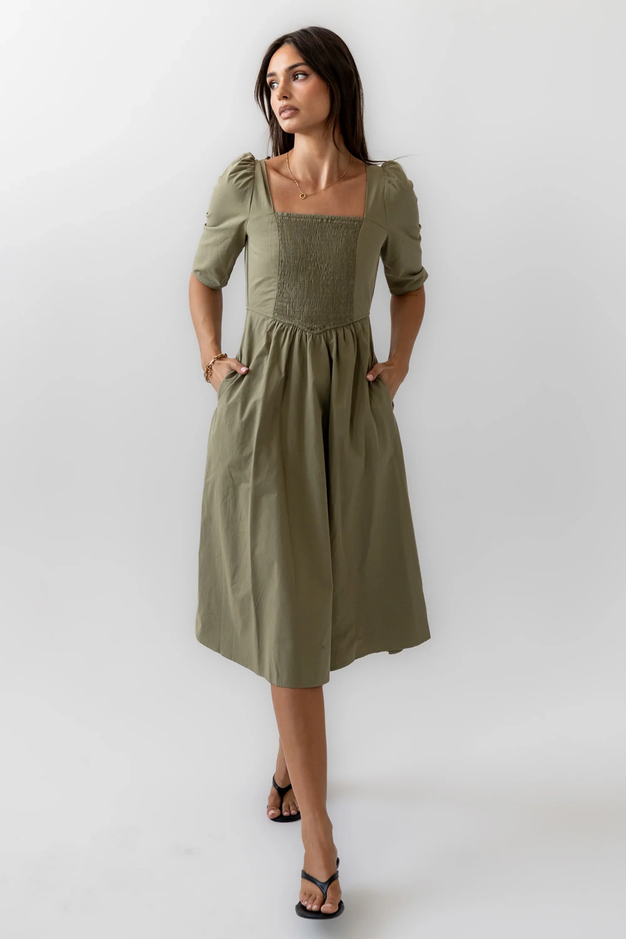 Paisley Smocked Midi Dress in Sage