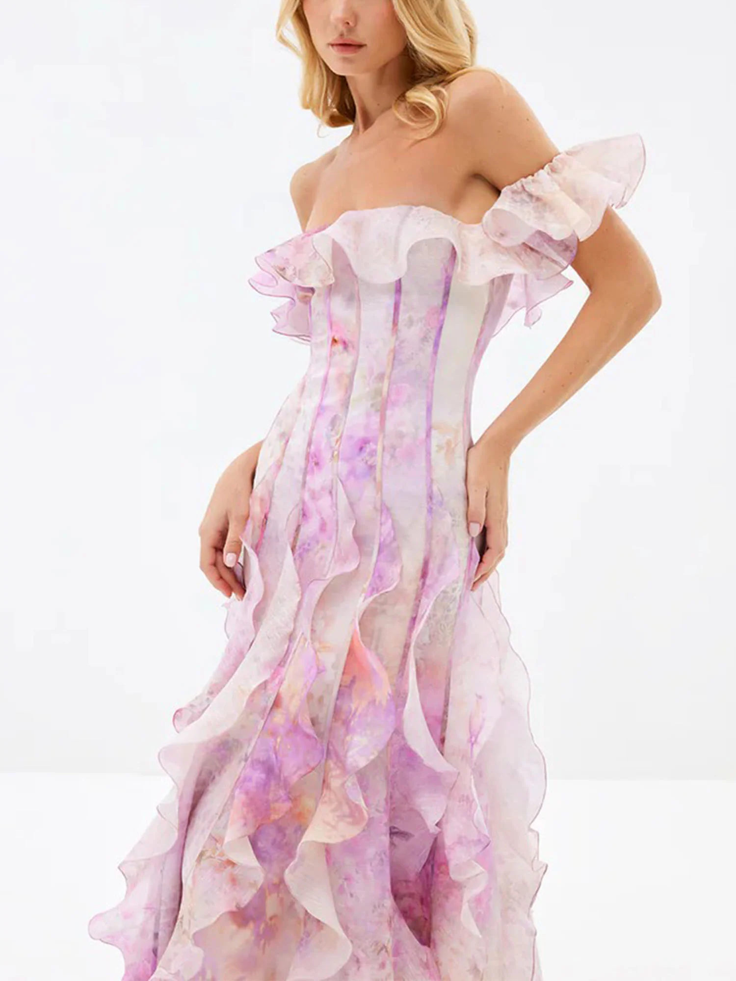 Lavender Off-Shoulder Ruffle Maxi Dress