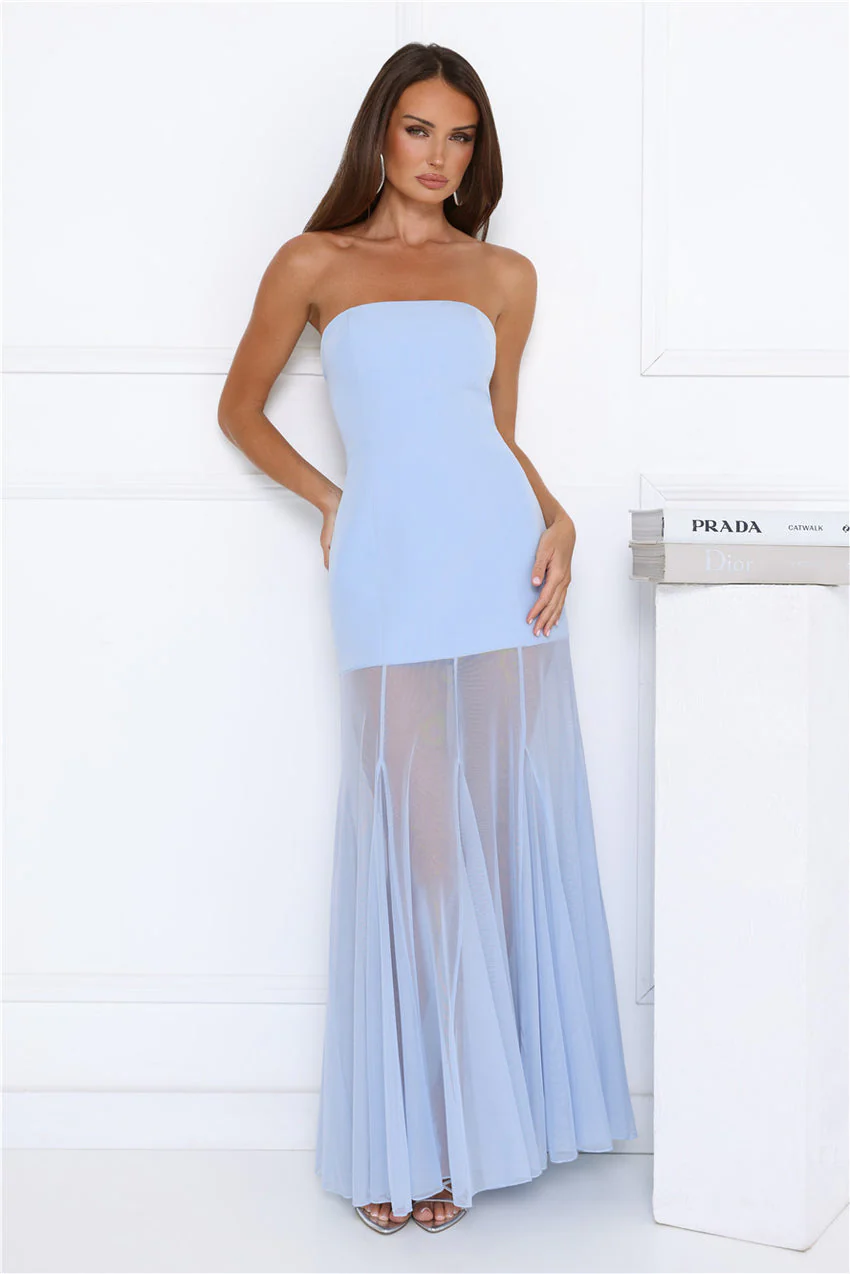 Dewkissed Bloom Strapless Maxi Dress Blue - luluinthesky