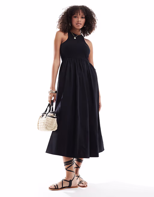 YAS racer neck jersey and cotton hybrid maxi dress in black