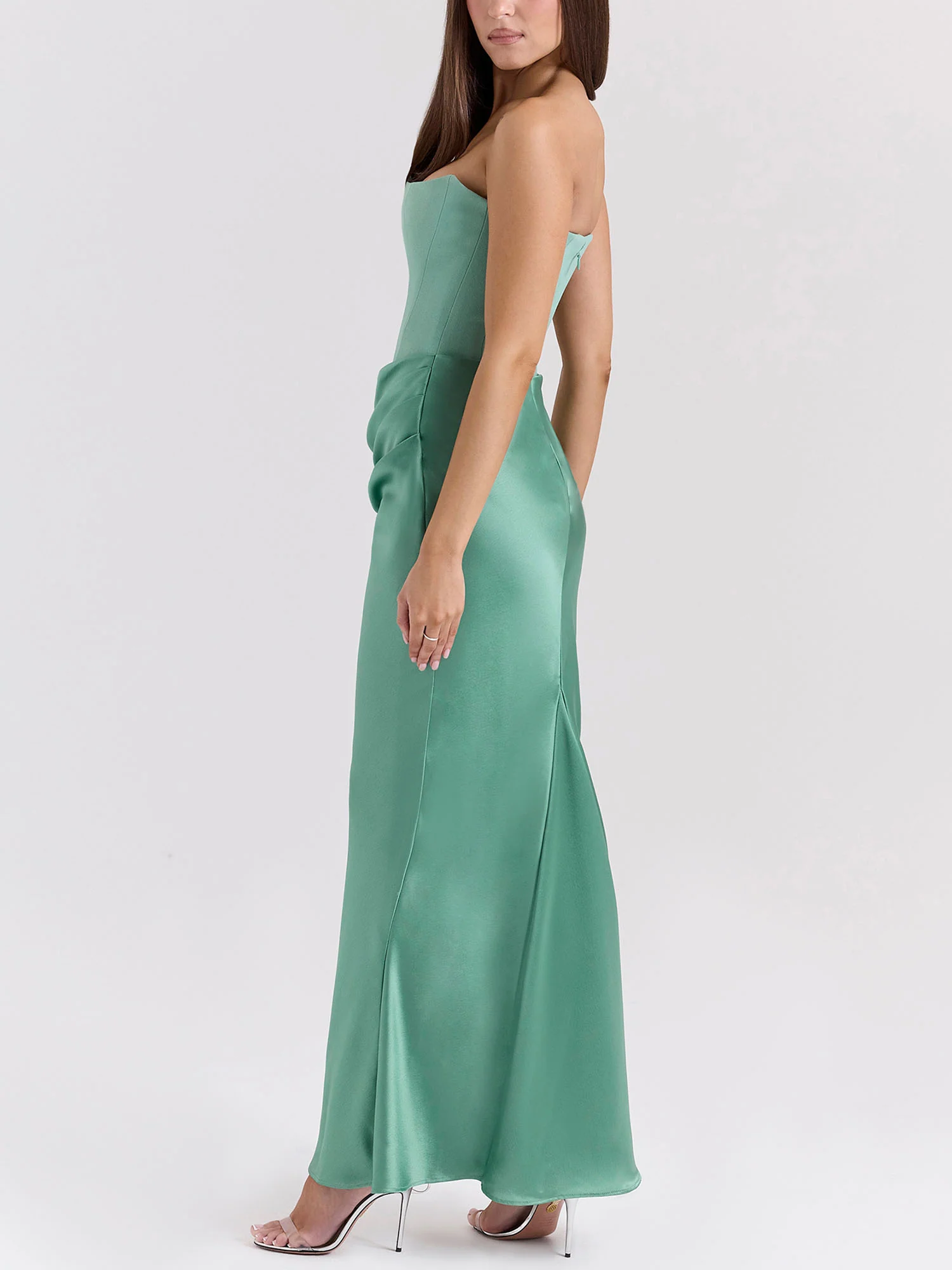Green Strapless Draped Bodycon Maxi Dress