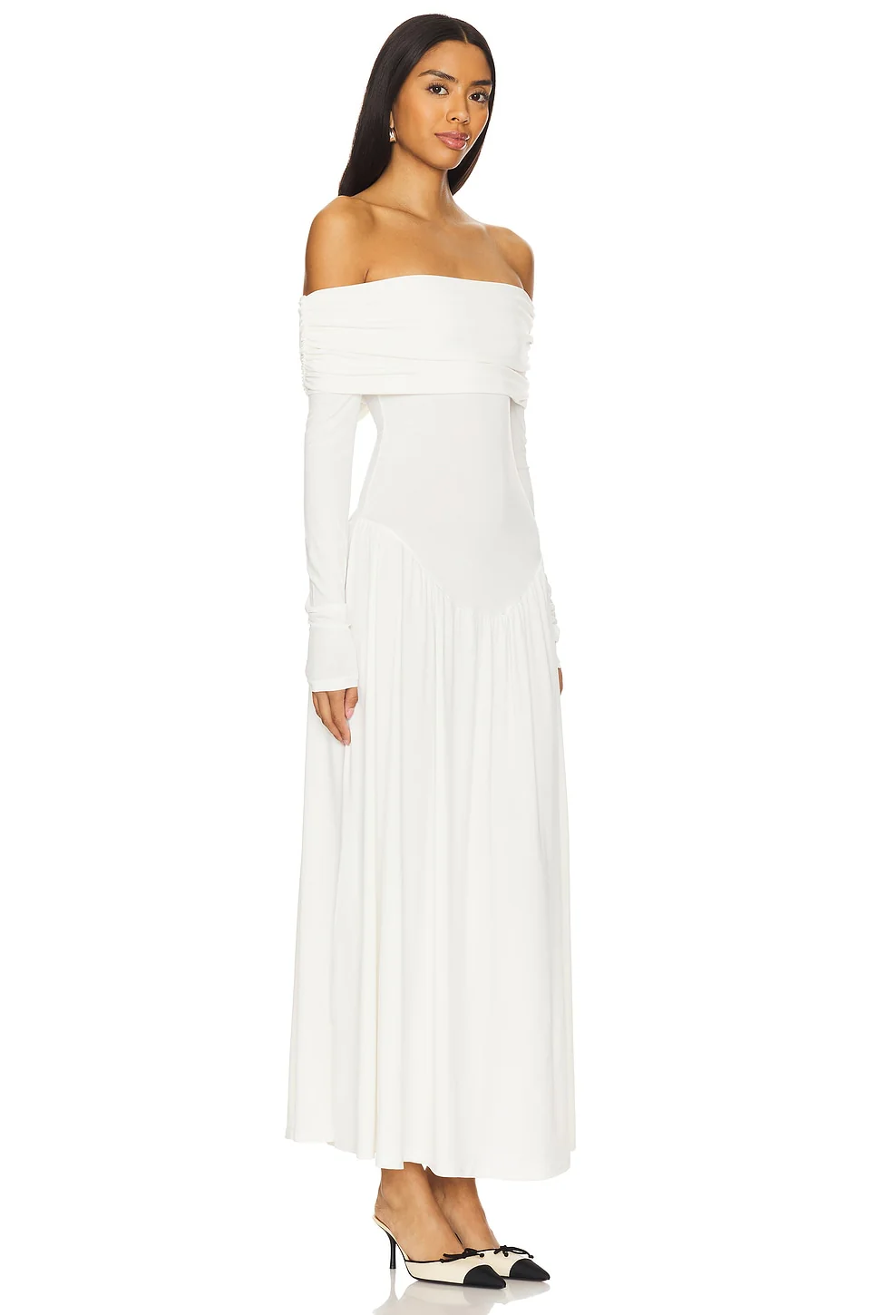 Off Shoulder Ruched Midi Dress