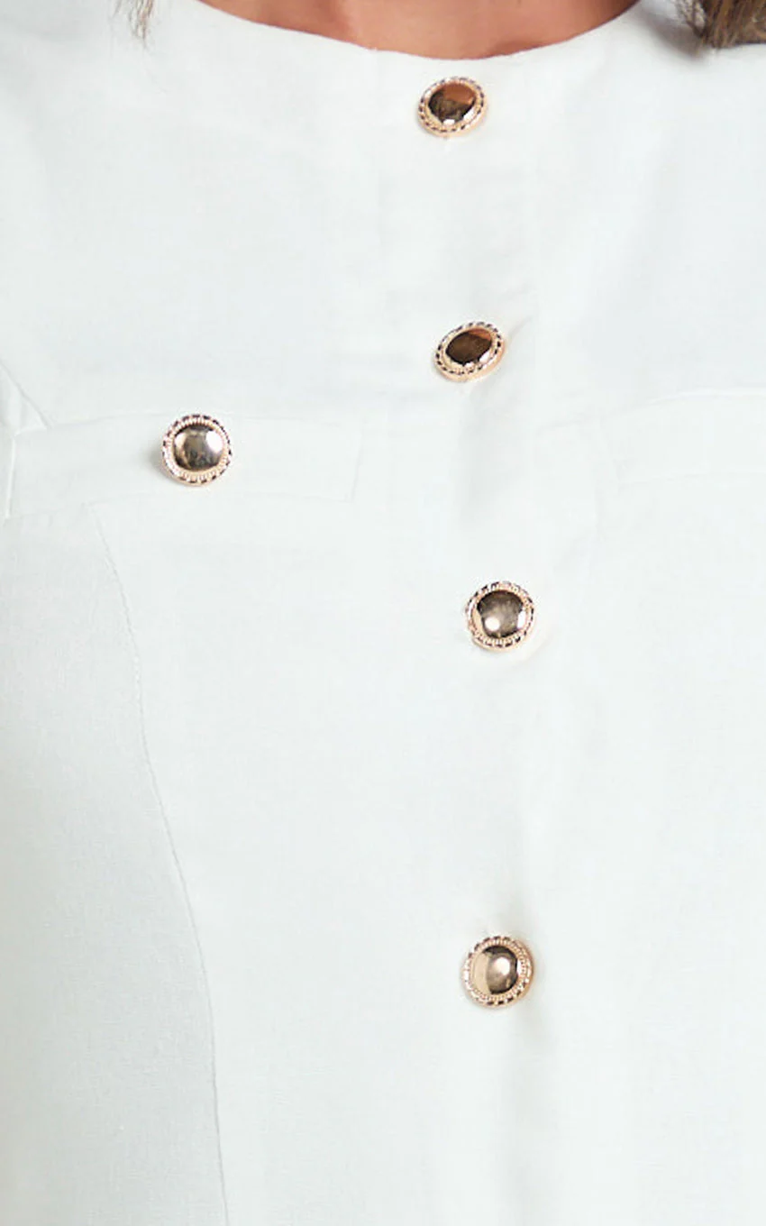 Alberta Mini Dress - Fitted Hardware Button Down Welt Pocket Dress in Off White - luluinthesky