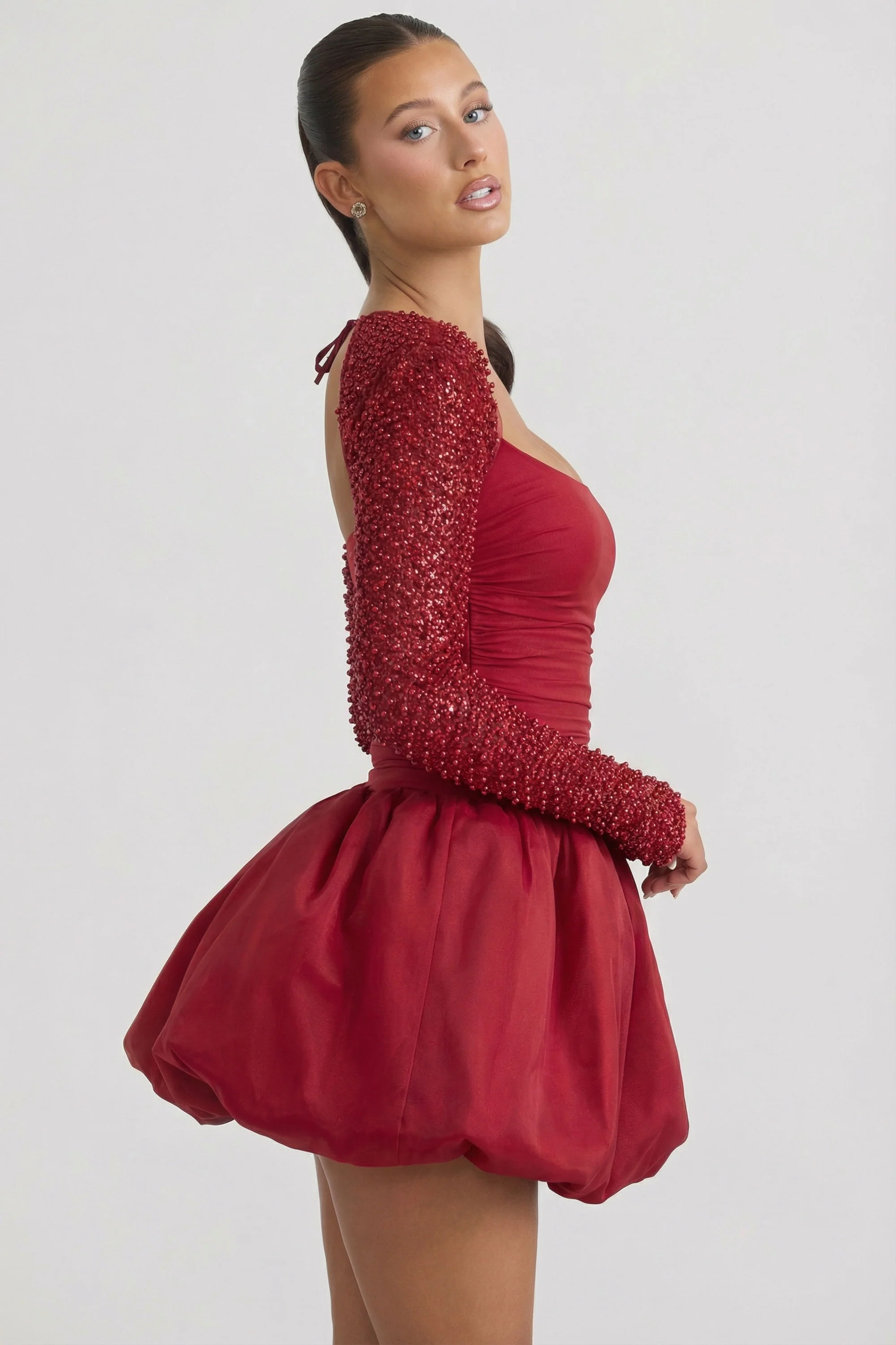 Embellished Bubble Hem Mini Dress in Red