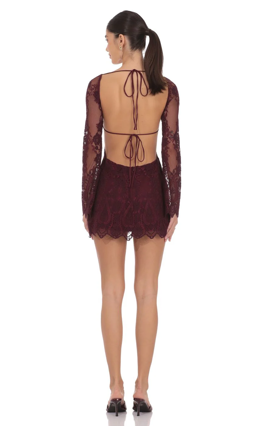 Lace Open Back Long Sleeve Dress in Burgundy - luluinthesky
