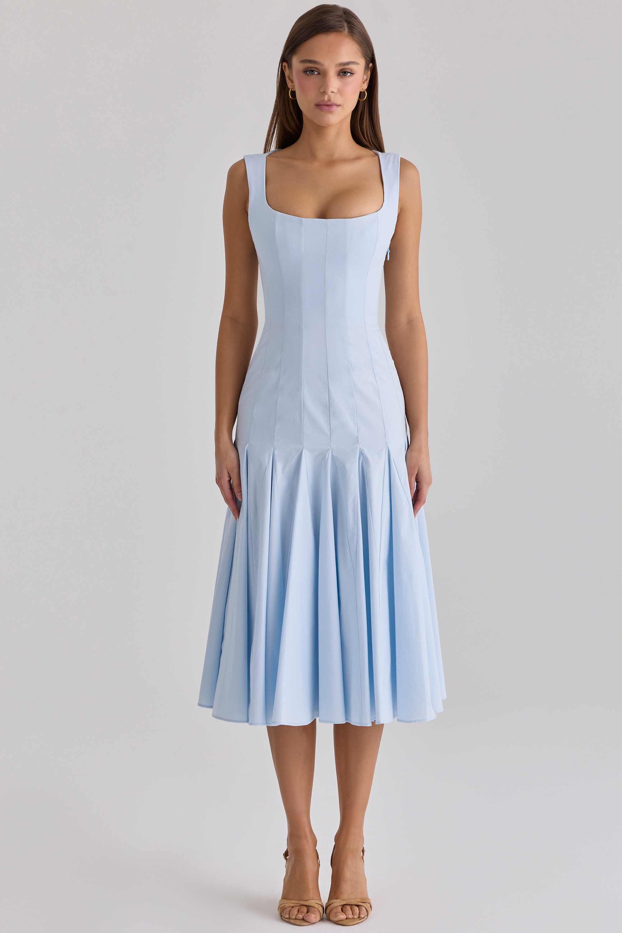 blue pleated lace up cotton midi dress