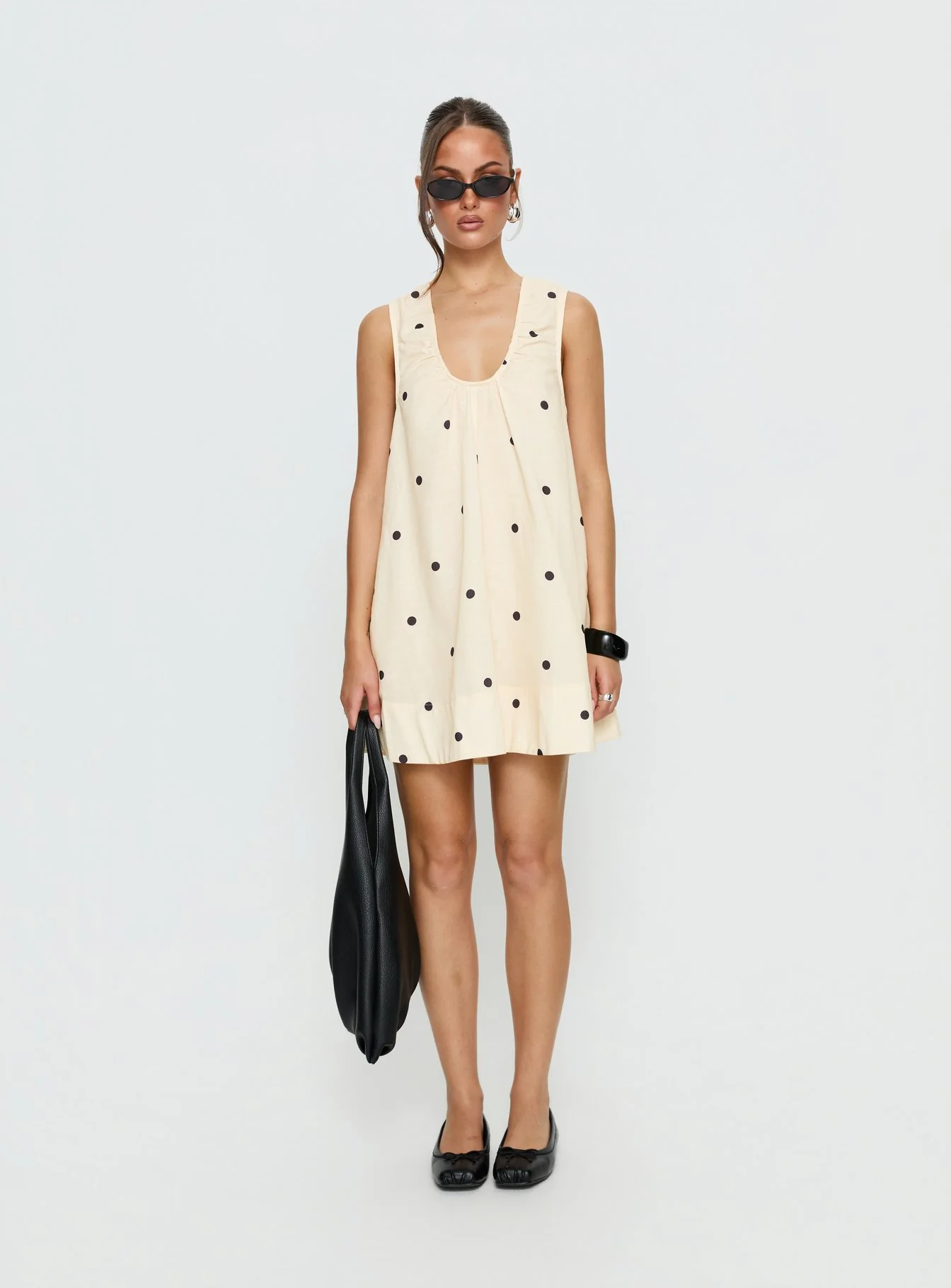 Eberta Ruched Baby Doll Mini Dress Yellow Polka Dot