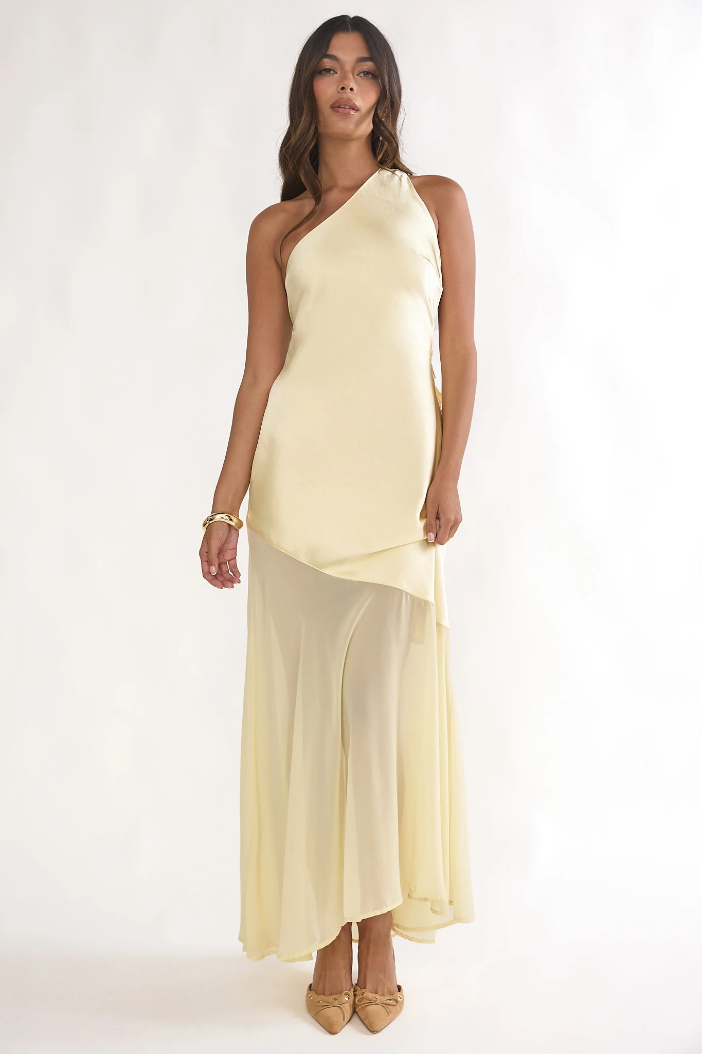 Mireya One-Shoulder Sheer Hem Maxi Dress Lemon - luluinthesky