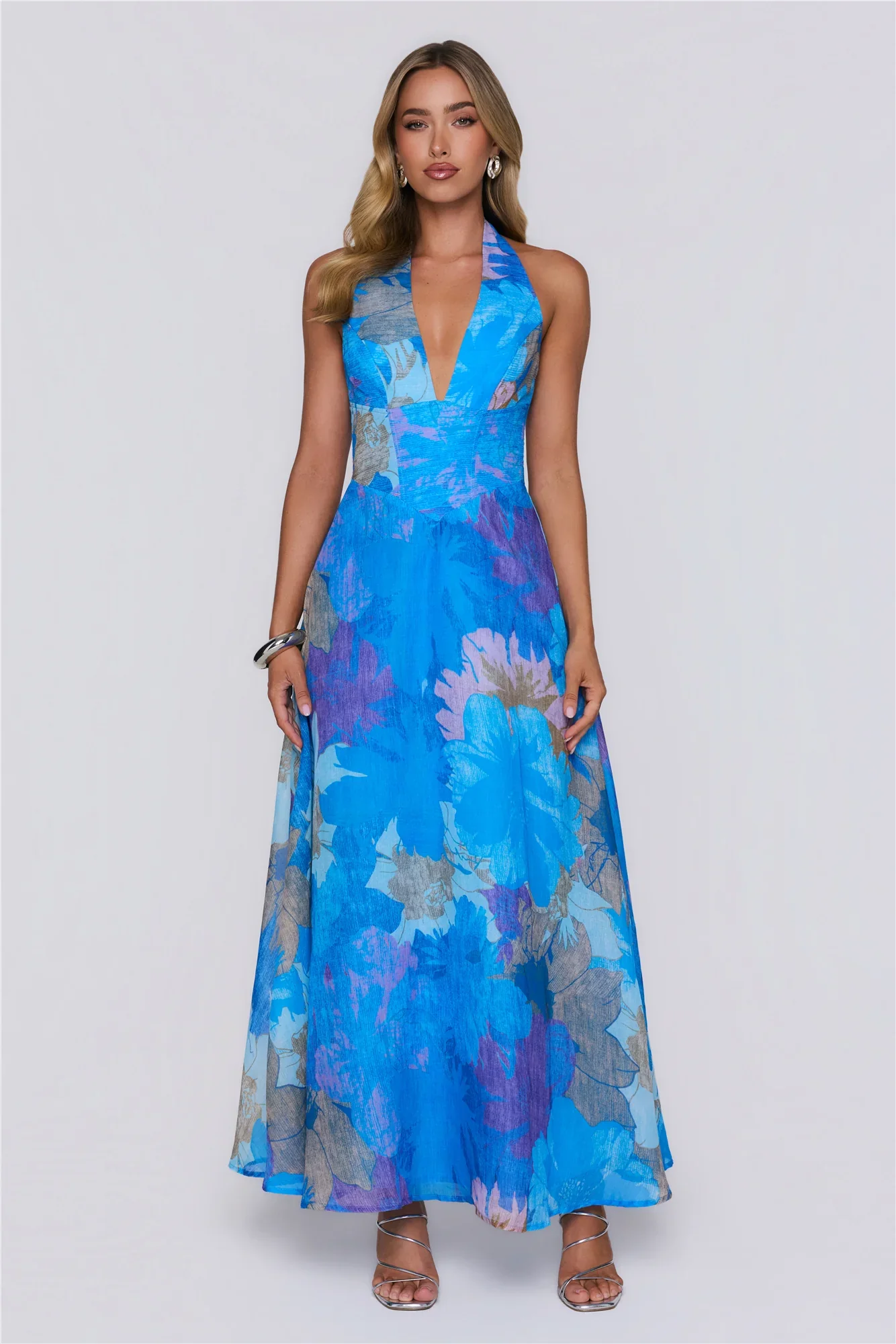 Floral Statement Halter Maxi Dress Blue