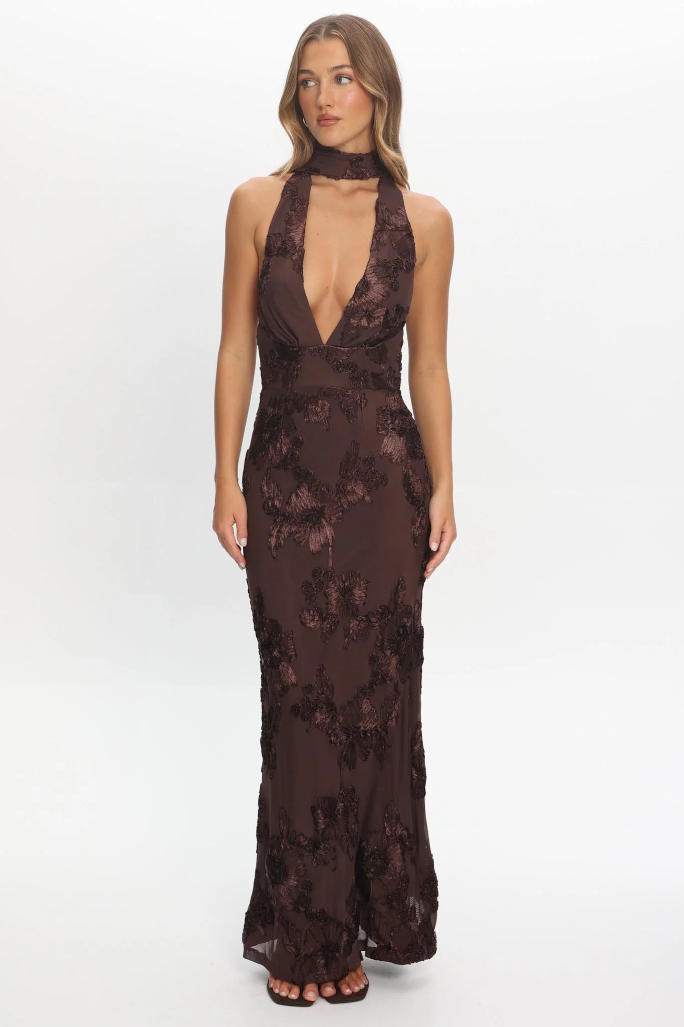 Cipriana Backless Halter Maxi Dress Embellished Brown