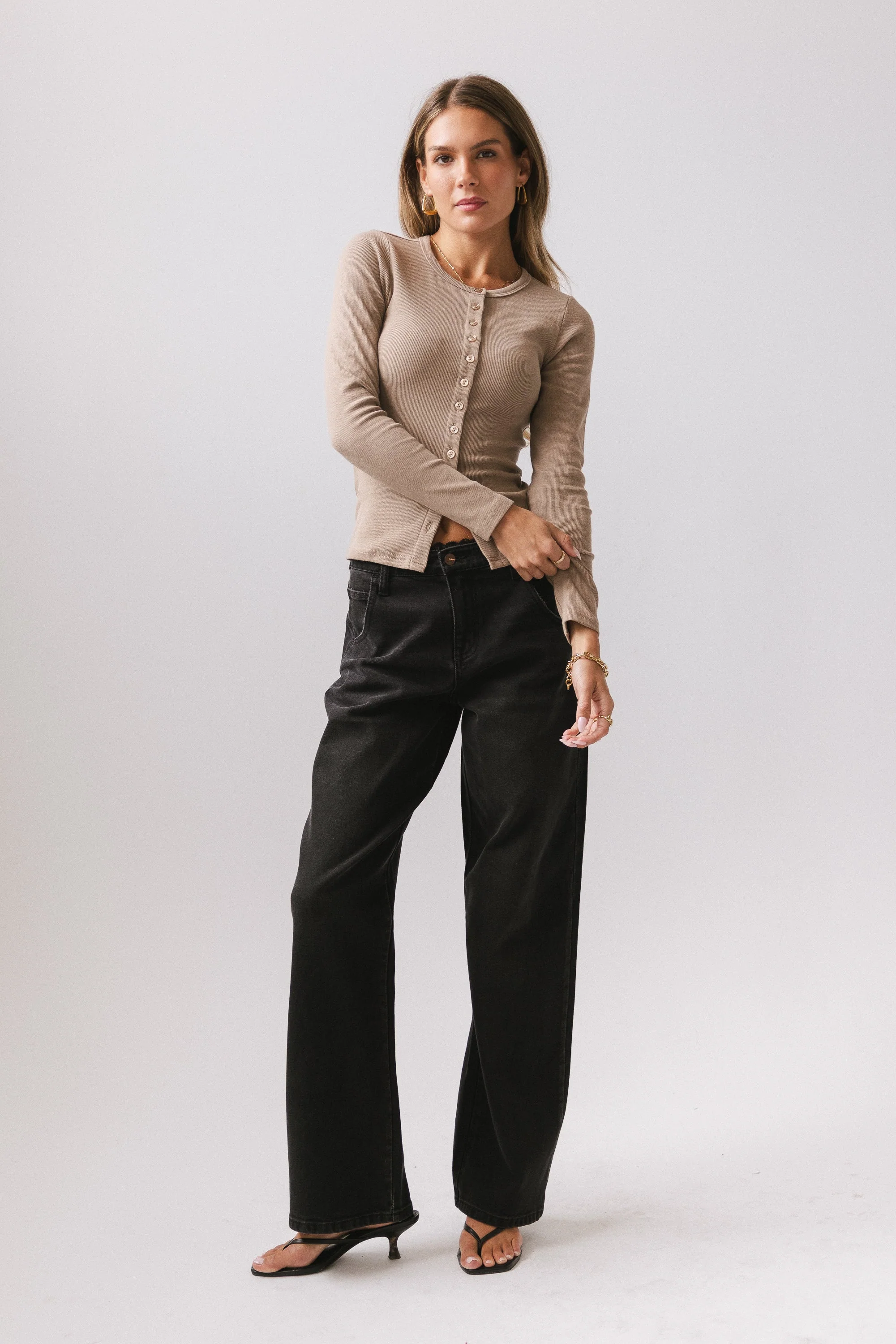 Mia Button Up Top in Taupe