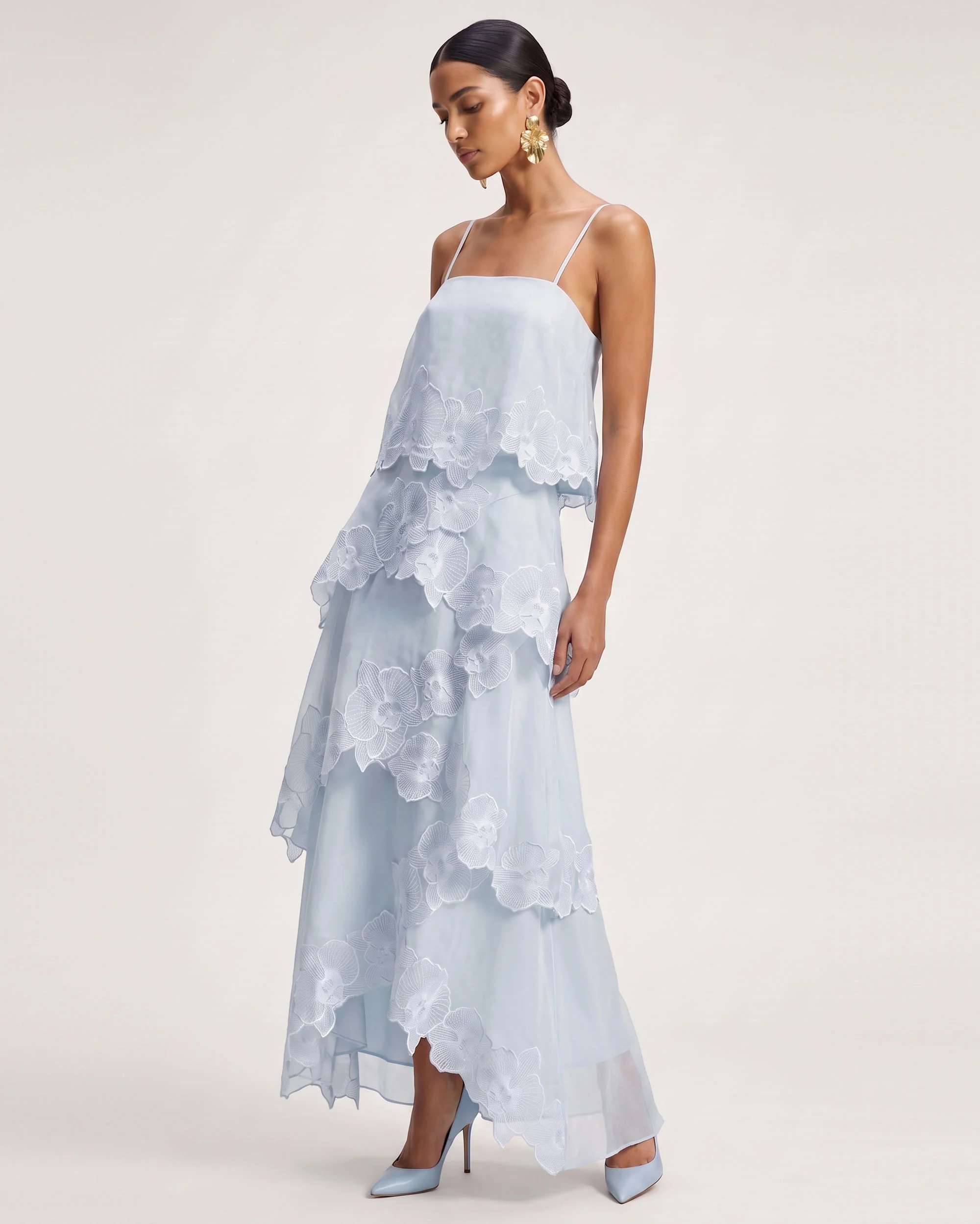 Orchid Embroidered Layered Maxi Dress - Light Blue - FASHION NOB