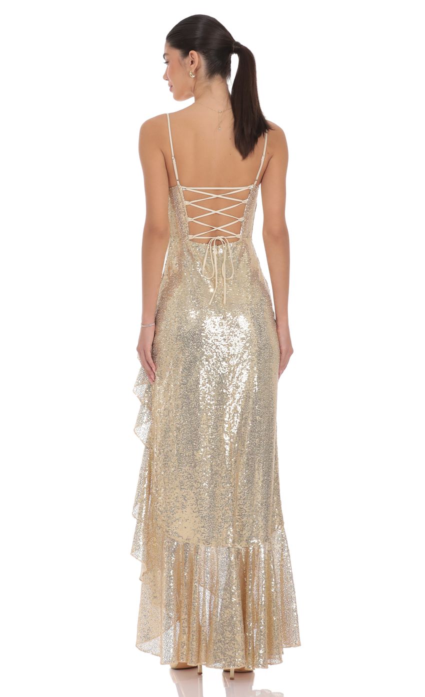 Sequin Ruffle Maxi Dress in Gold