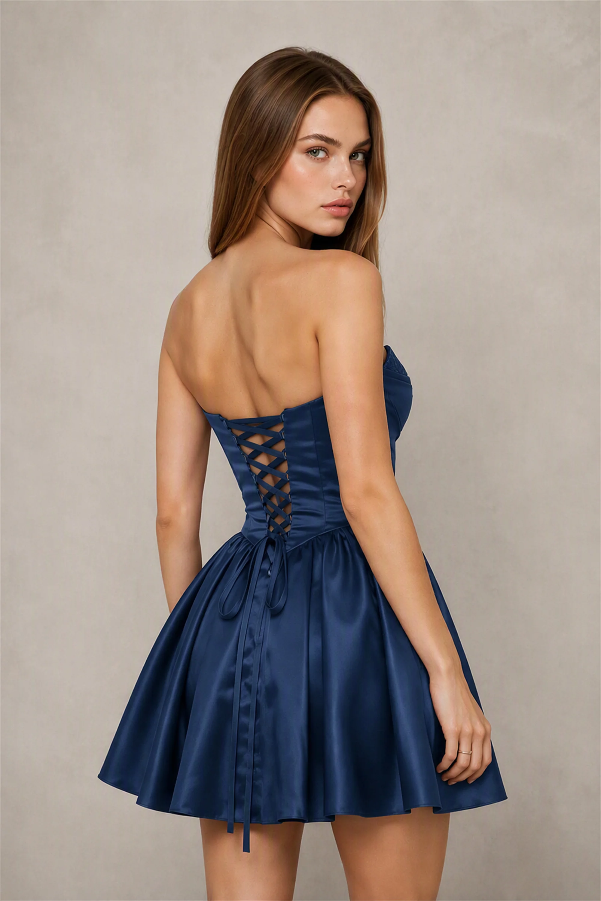 BOLODOO Navy Blue Satin Sequin Sweetheart Strapless Corset Lace-Up Back A-Line Mini Dress | Prom Cocktail Homecoming Dress