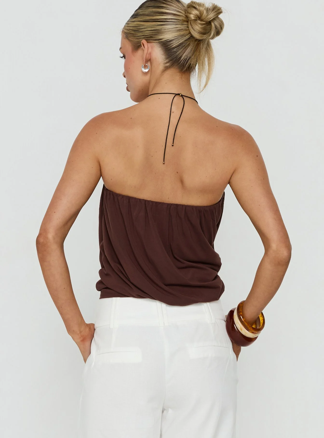 Taleisa Gathered Drape Strapless Top Brown