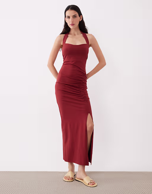 halter ruched front midi dress in rust