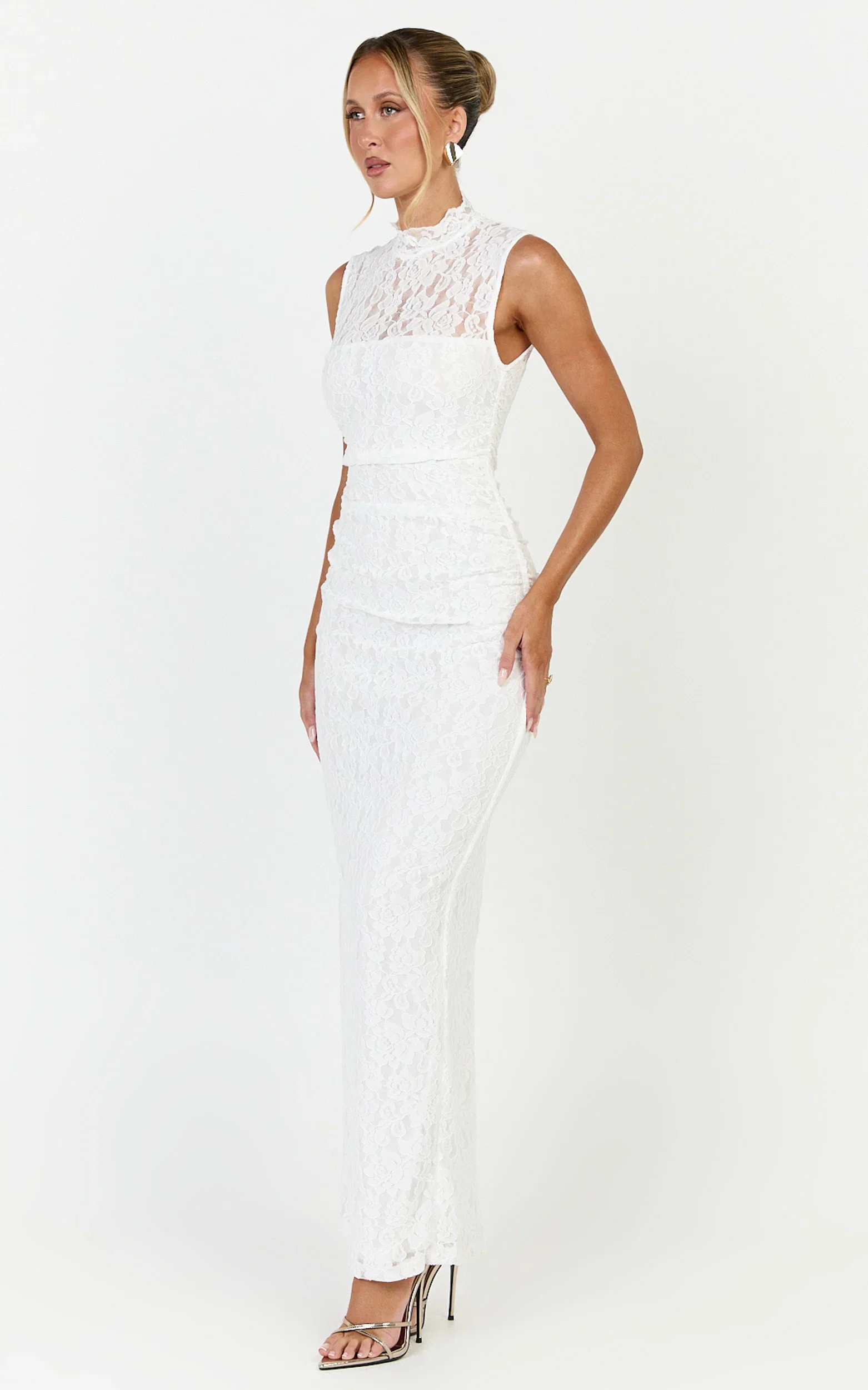 Luna Maxi Dress - Lace High Neck Sleeveless Dress in White