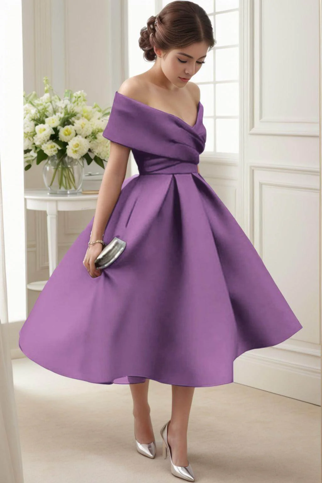 A-Line Tea Length Satin Graduation Dresses CS0556