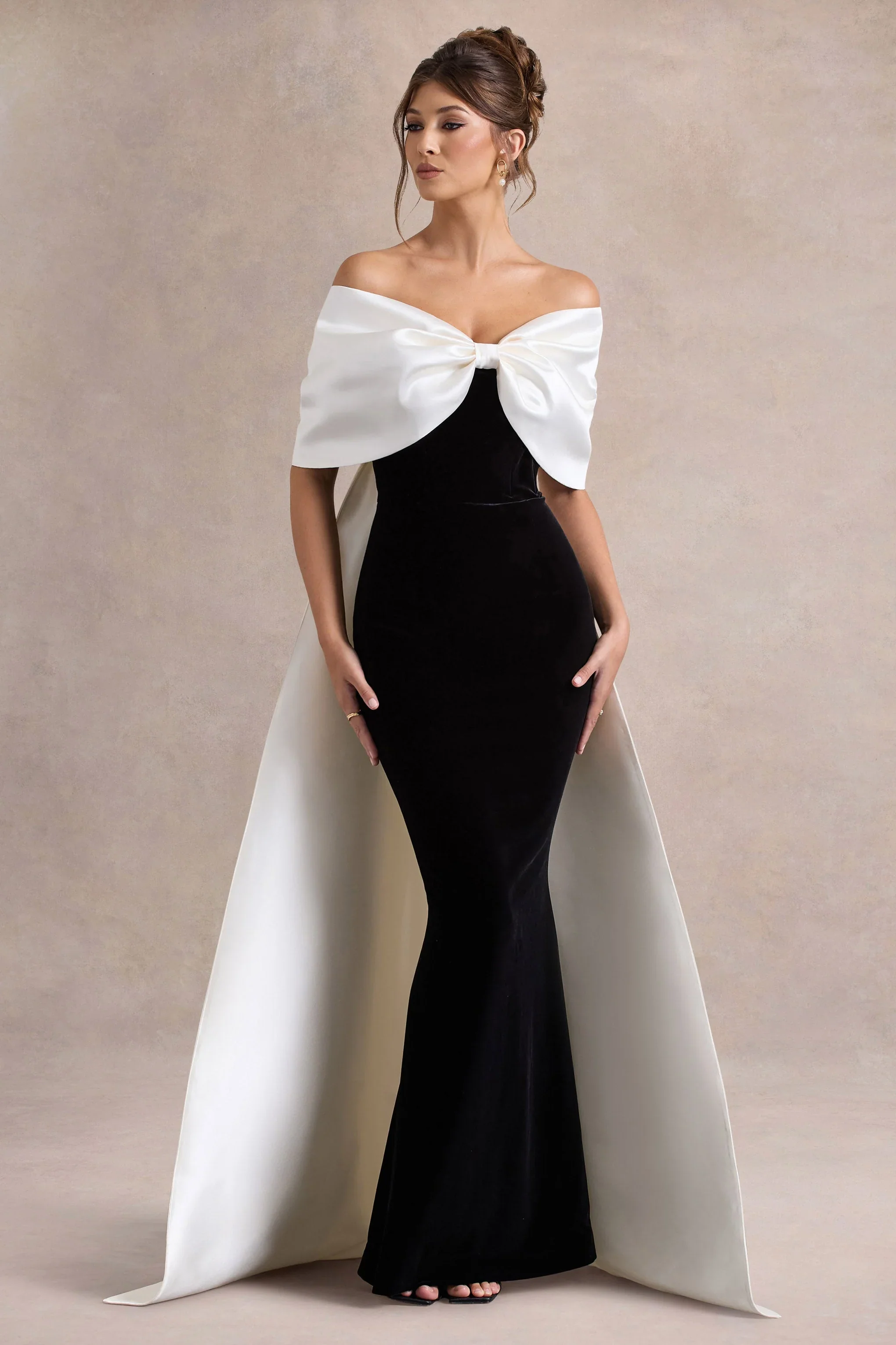 Wanting More | Black & White Satin Cape Maxi Dress With Oversized Bow