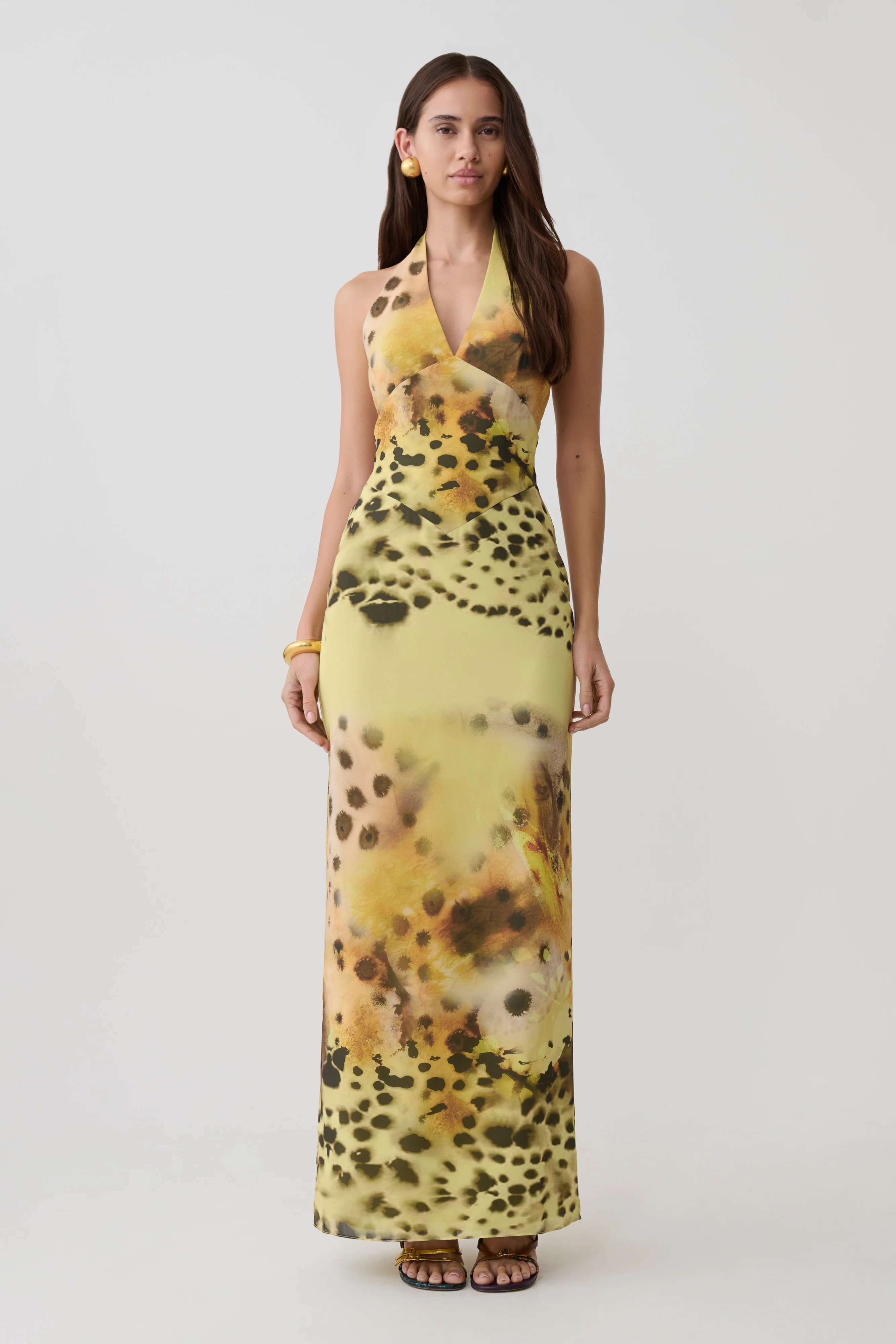 Valentina Chiffon Halter Maxi Dress - Yellow Floral Leopard Print