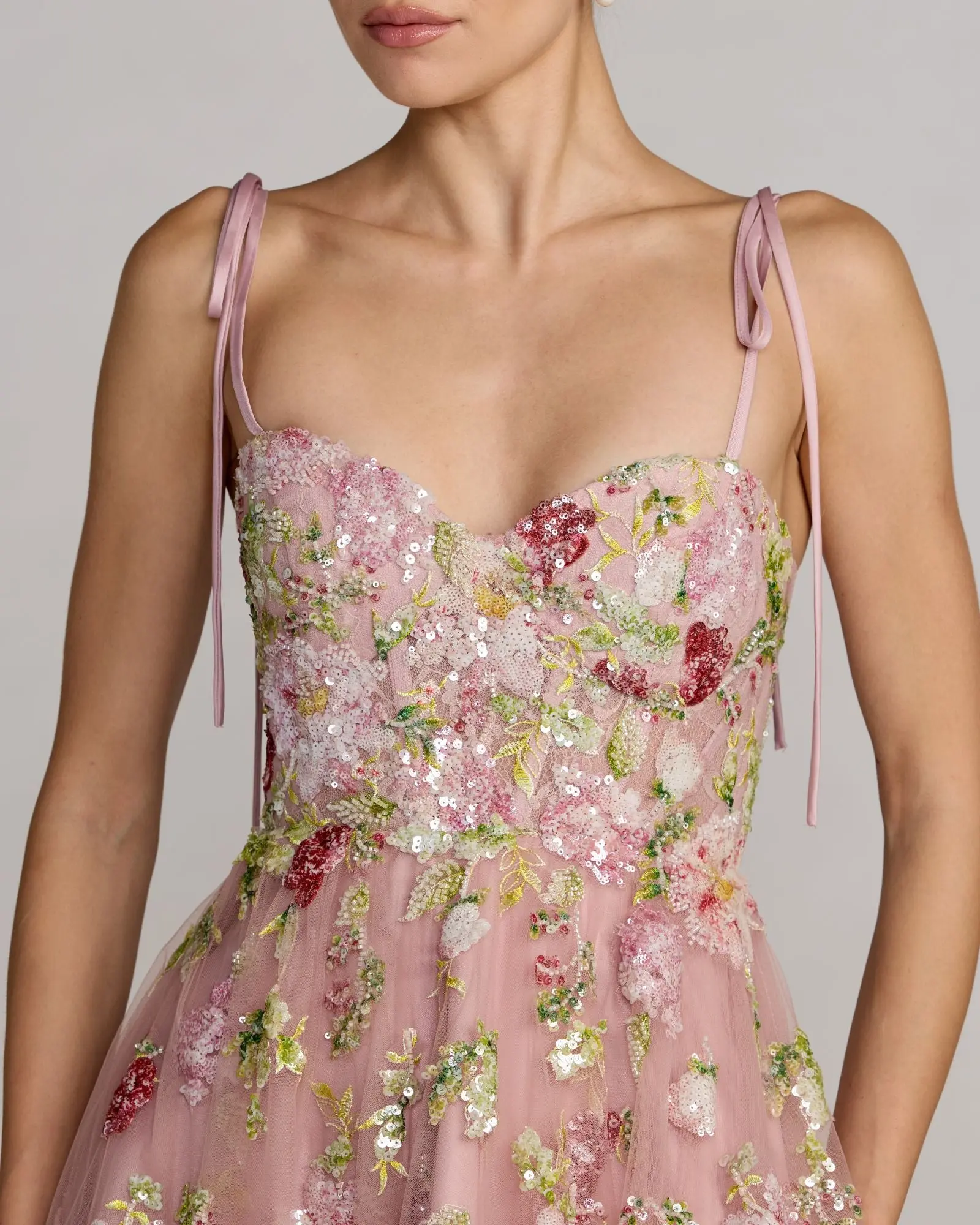 Pink Floral Embellished Tulle Ball Gown - FASHION NOB