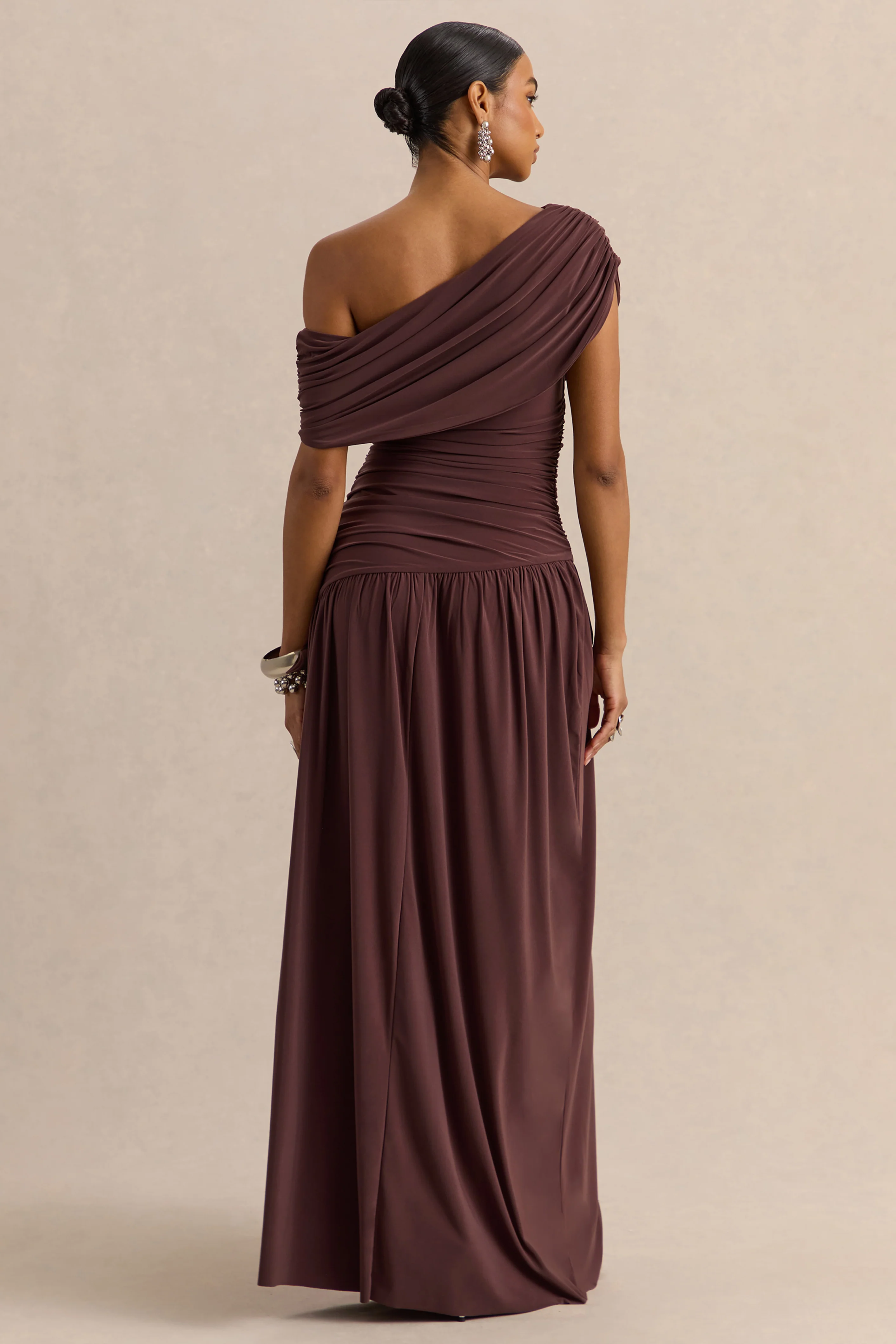 Emberly | Brown Draped Asymmetric-Neck Maxi Dress With Drop-Waist