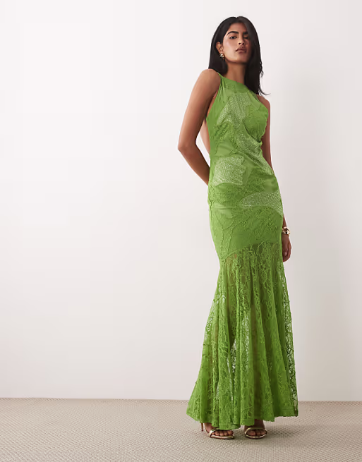 lace high slash neck maxi dress with embellished hotfix panels and embroidery in green