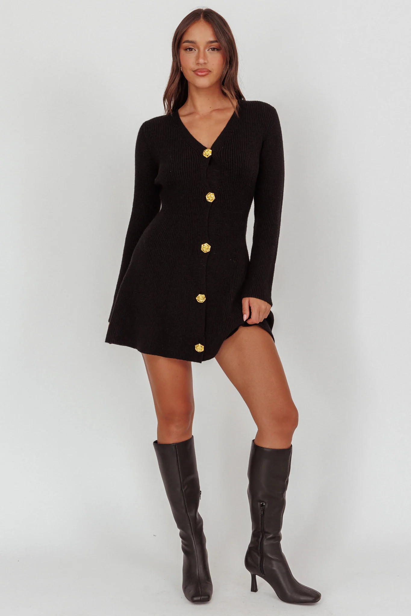 Irma Gold Button Knit Mini Dress Black