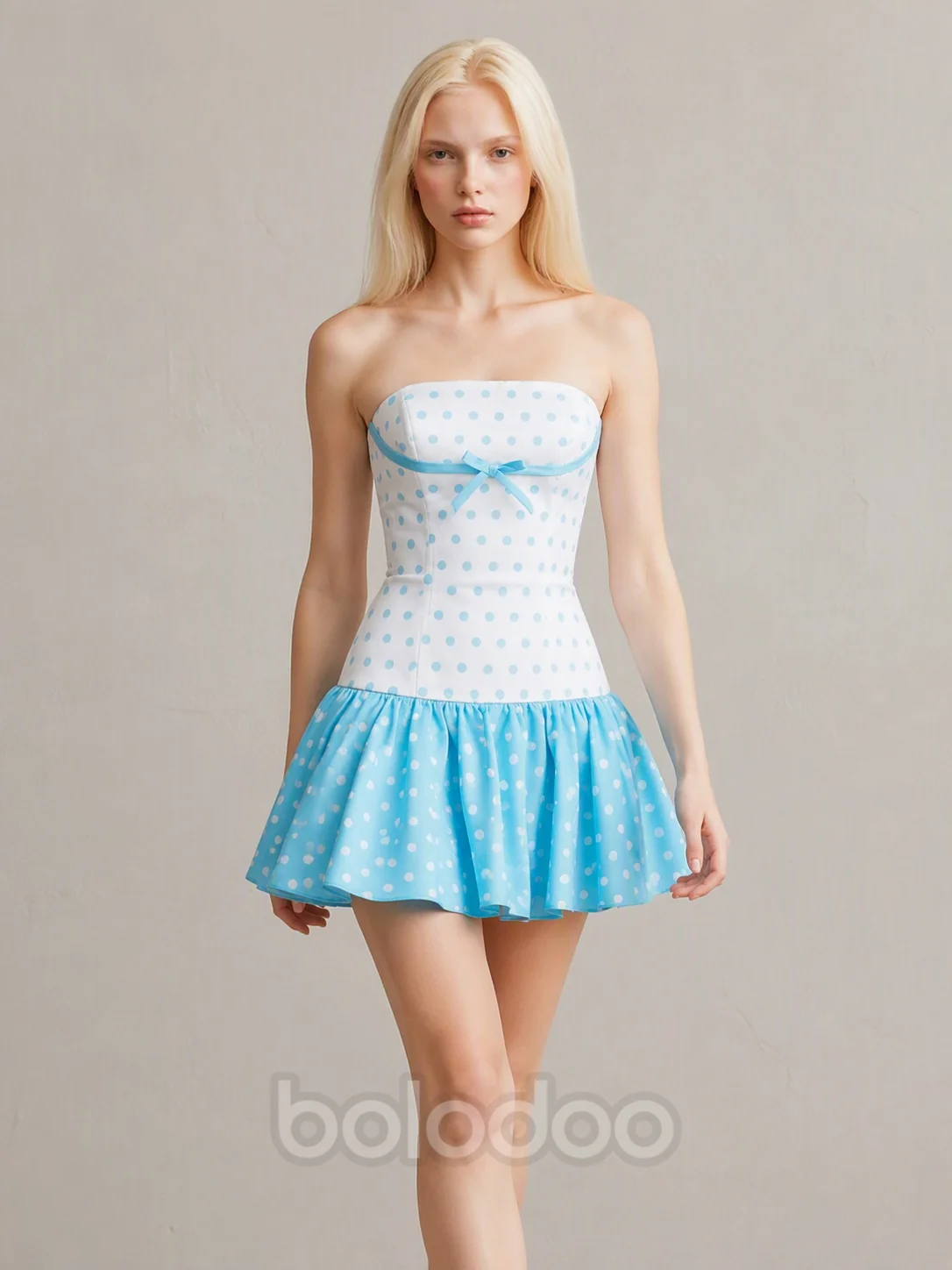 BOLODOO Sky Blue White Polka Dot Bow Strapless Fit-and-Flare Mini Dress